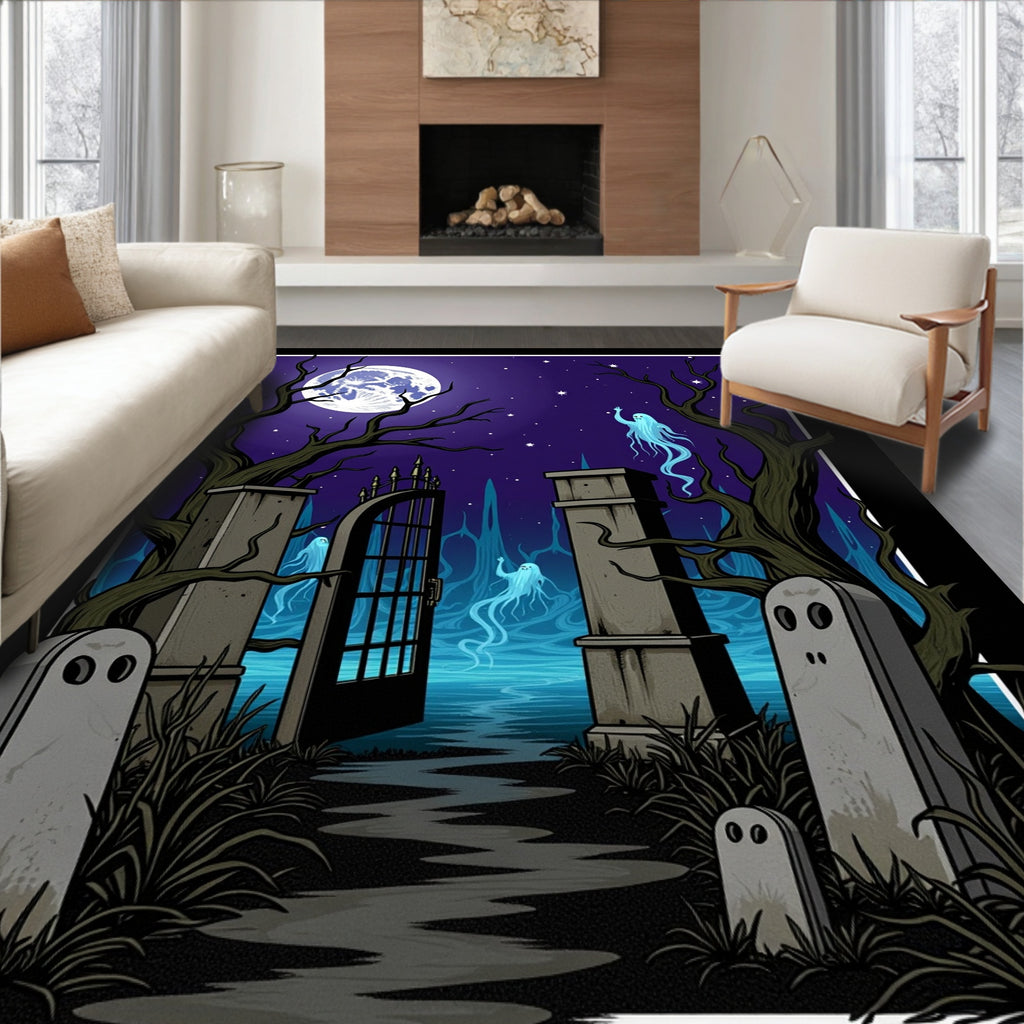 Haunted Midnight Blue Ghost Cemetery Moonlit Rug