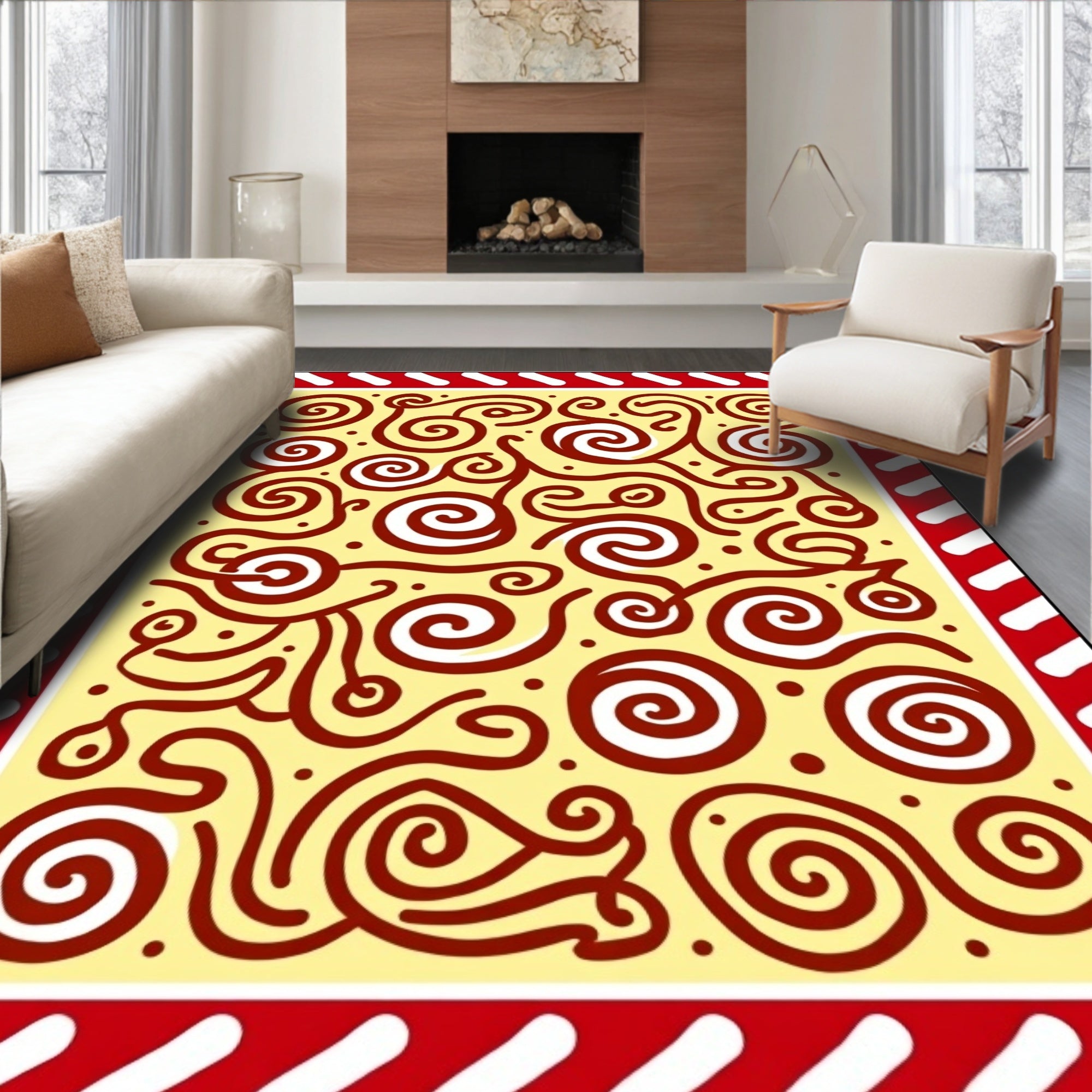 Red Swirl Cream Abstract Border Rug