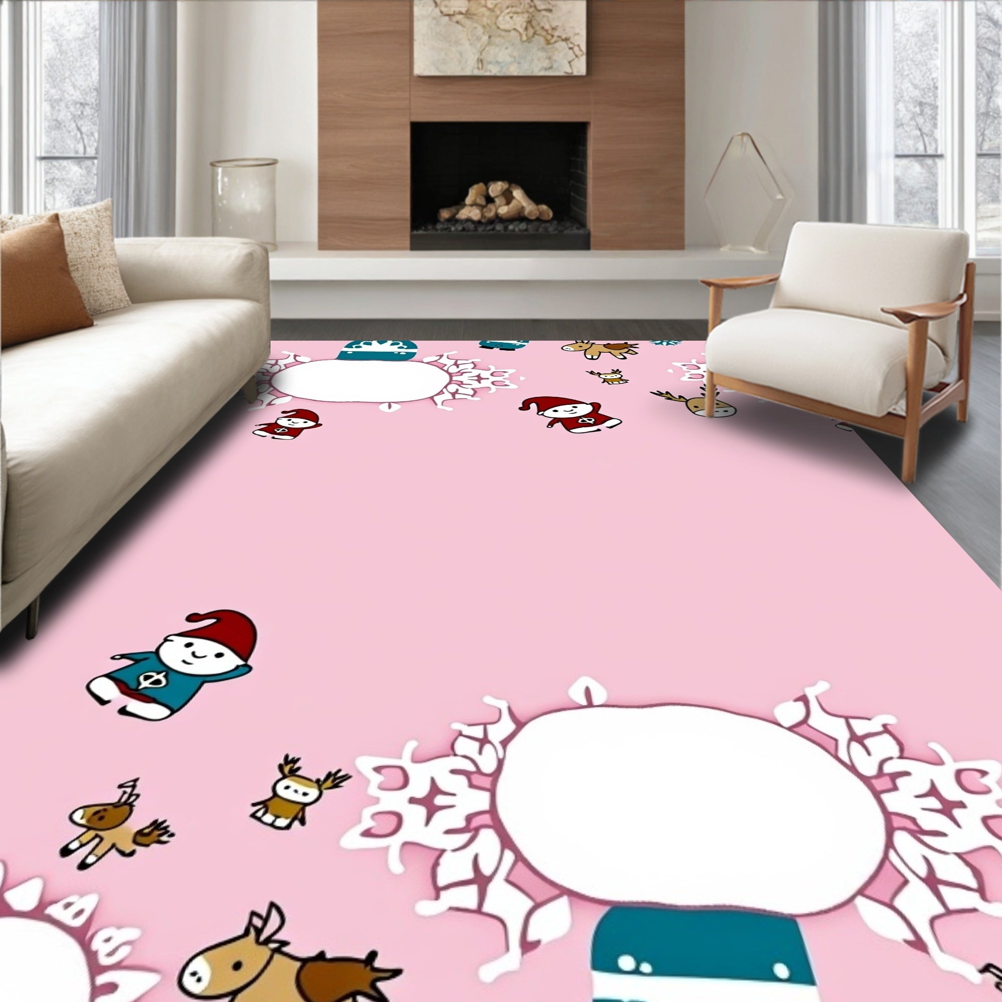 Whimsical Pink Christmas Gnomes Reindeer Rug