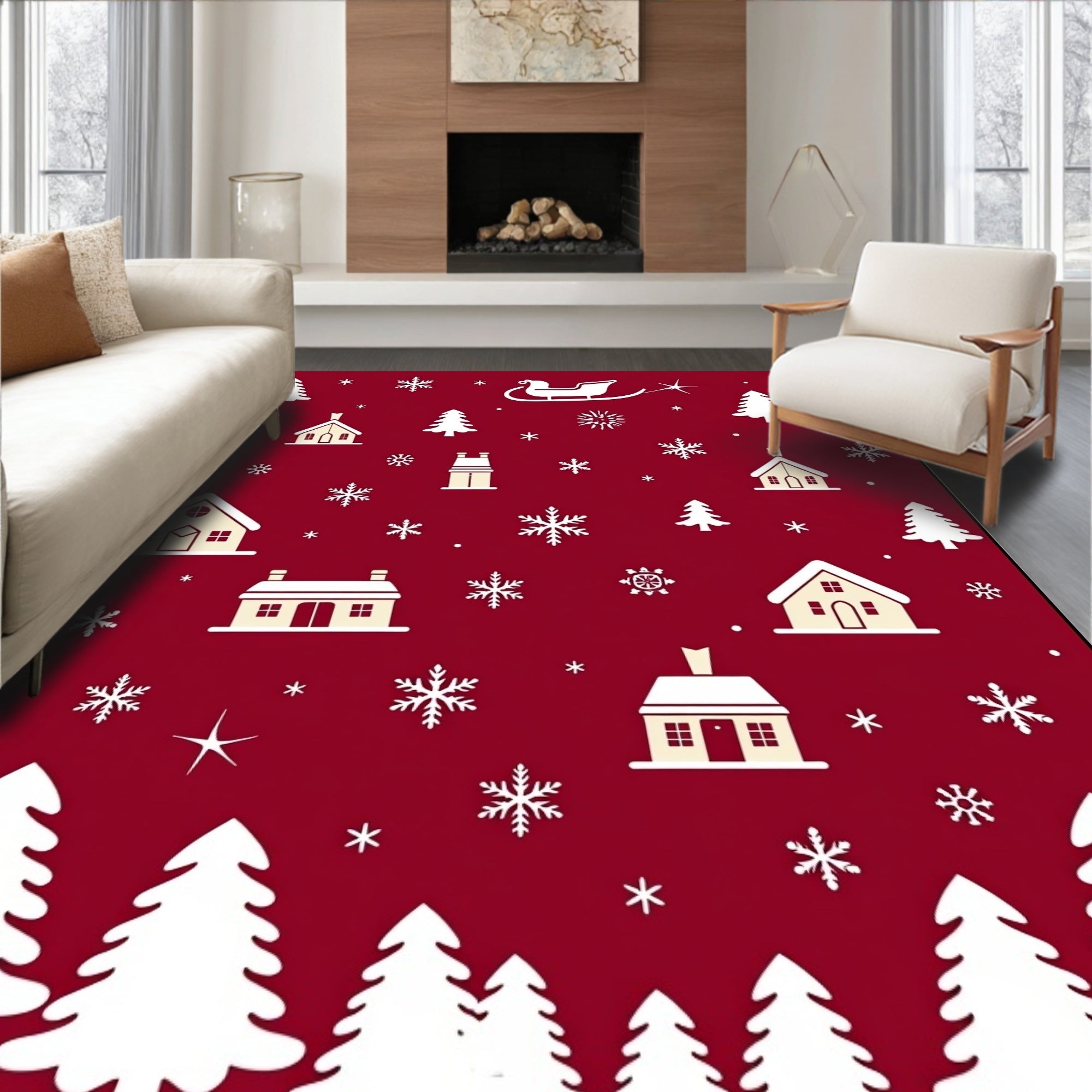 Red White Christmas Village Snowflakes Sleigh Rug