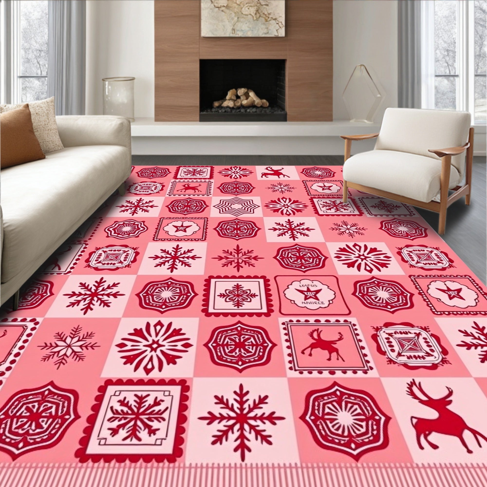 Festive Red Reindeer Snowflake Medallion Mosaic Rug