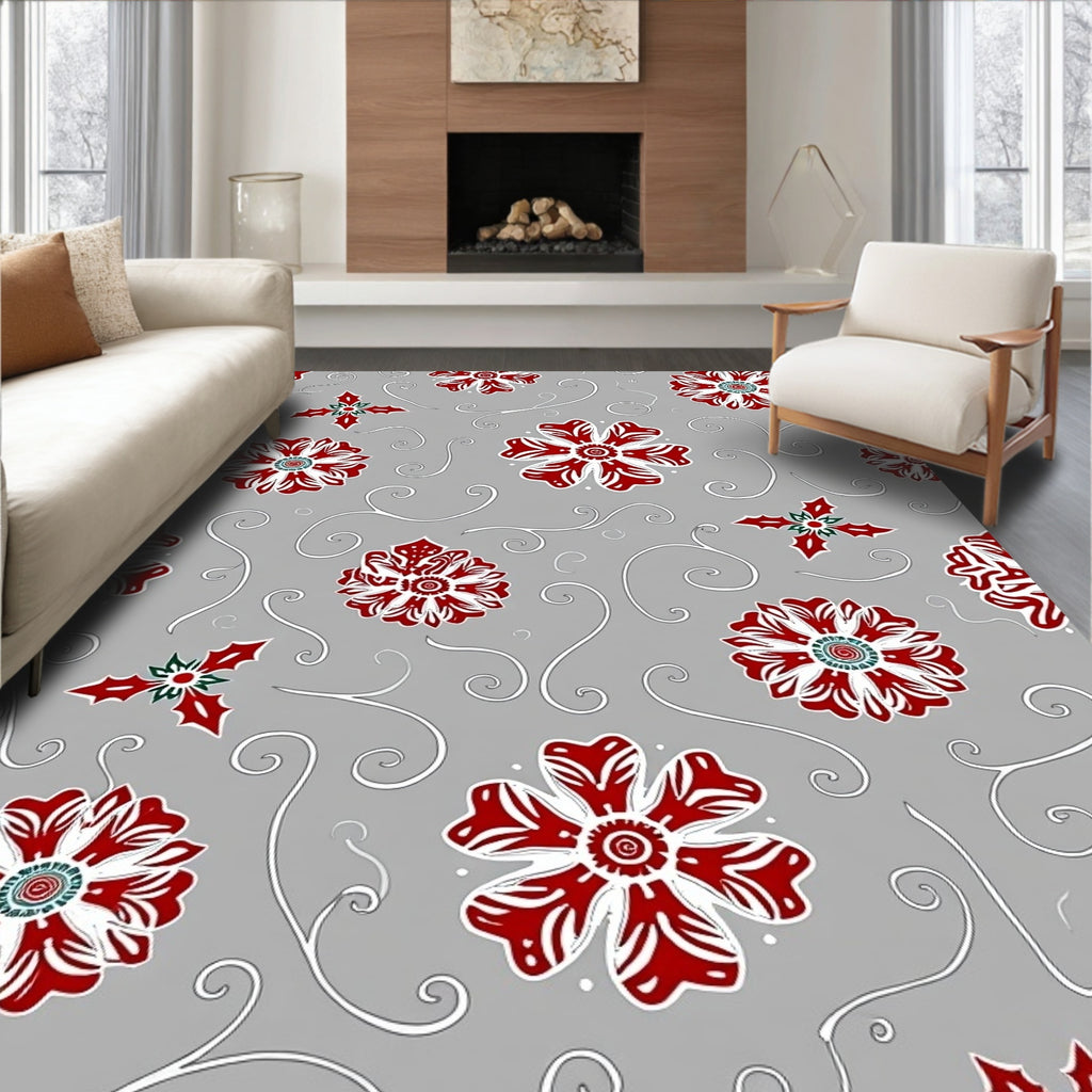 Crimson White Floral Swirls Gray Rug
