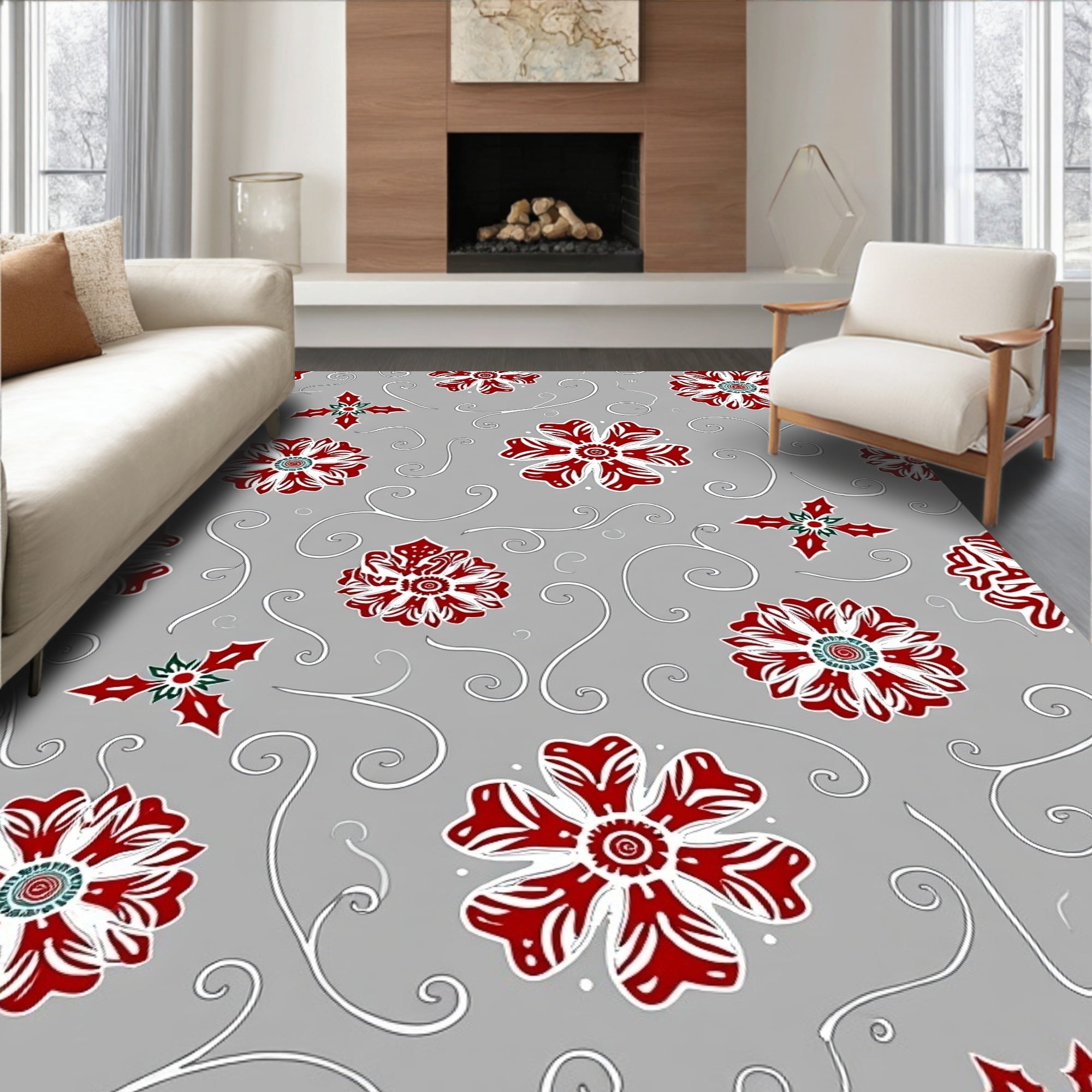 Crimson White Floral Swirls Gray Rug