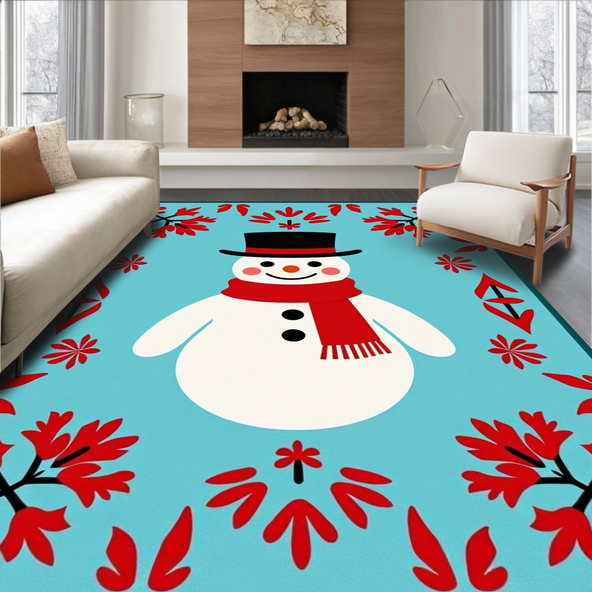 Bold Red Snowman Floral Border Rug