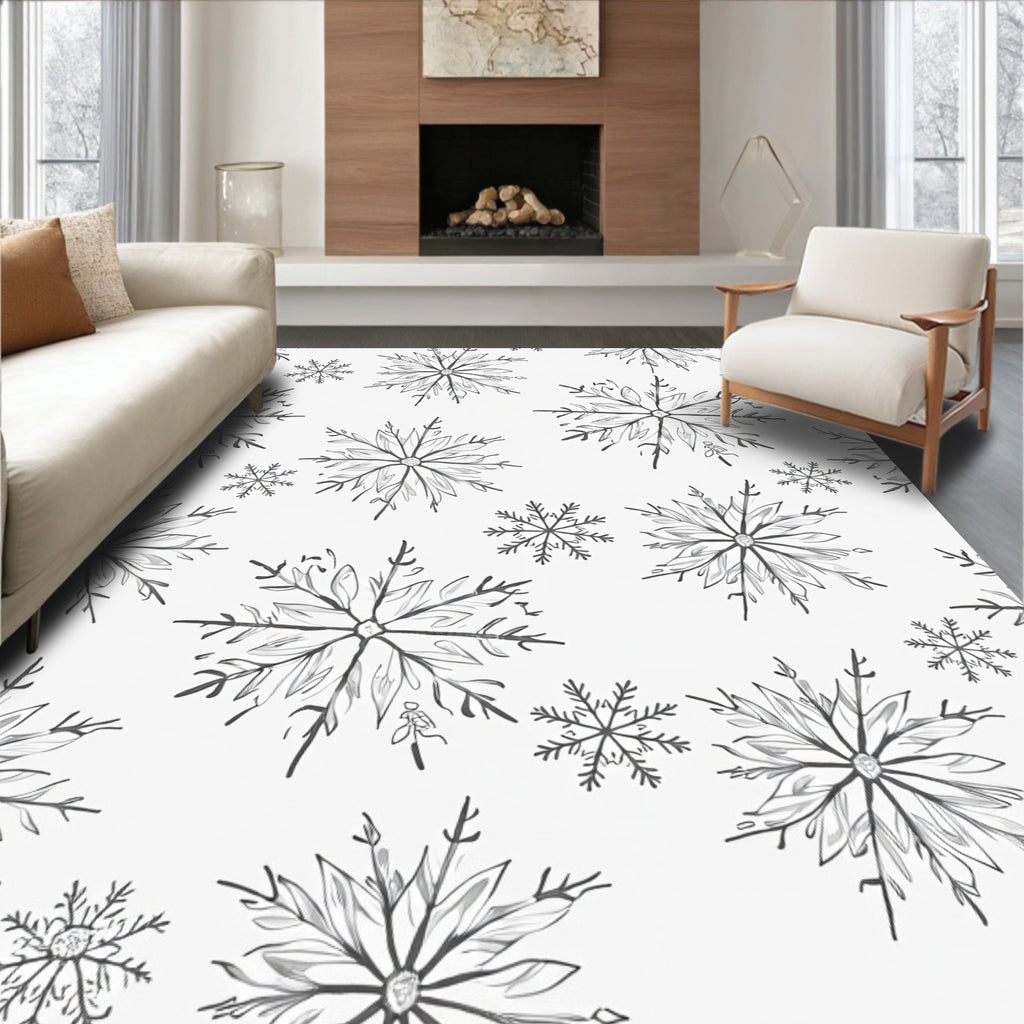 Hand Drawn Delicate Snowflake Snowfall Rug