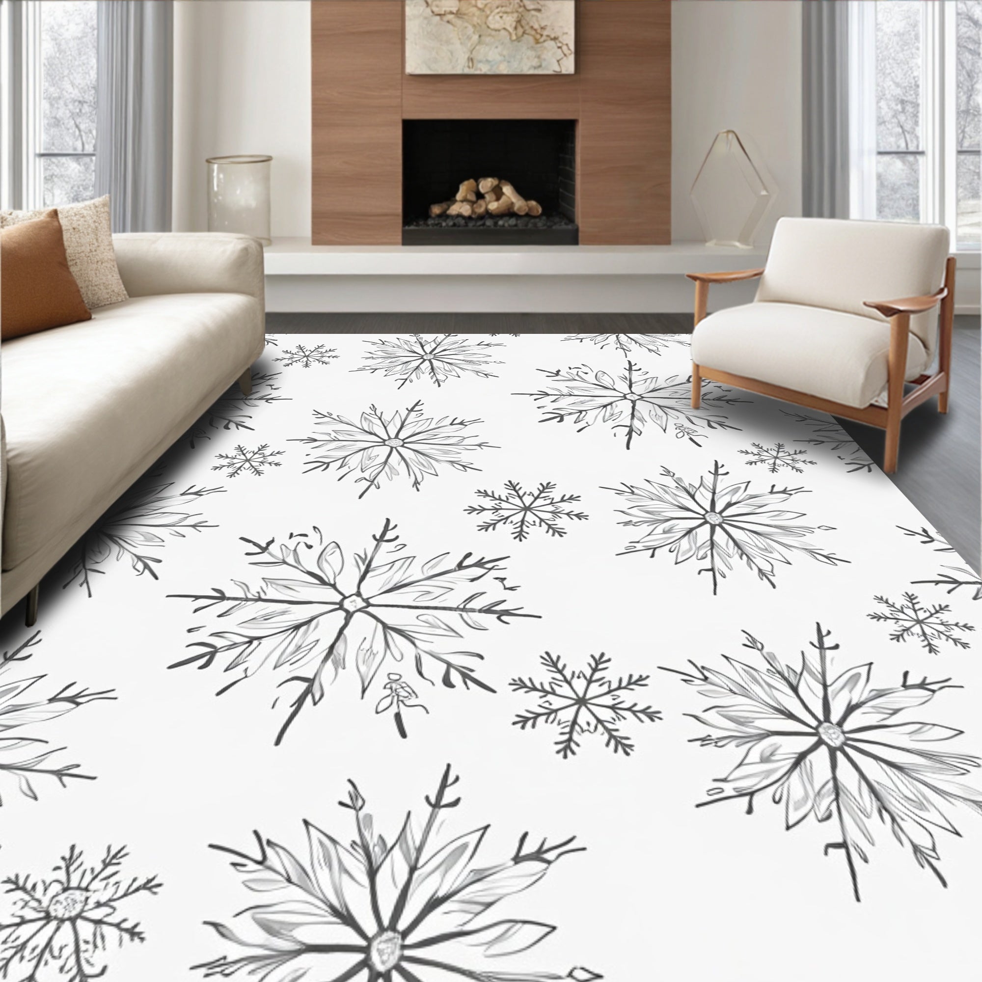 Hand Drawn Delicate Snowflake Snowfall Rug