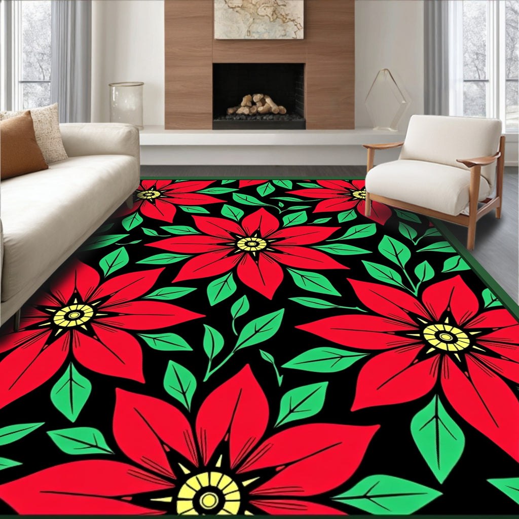 Bold Red Floral Leaf Black Rug