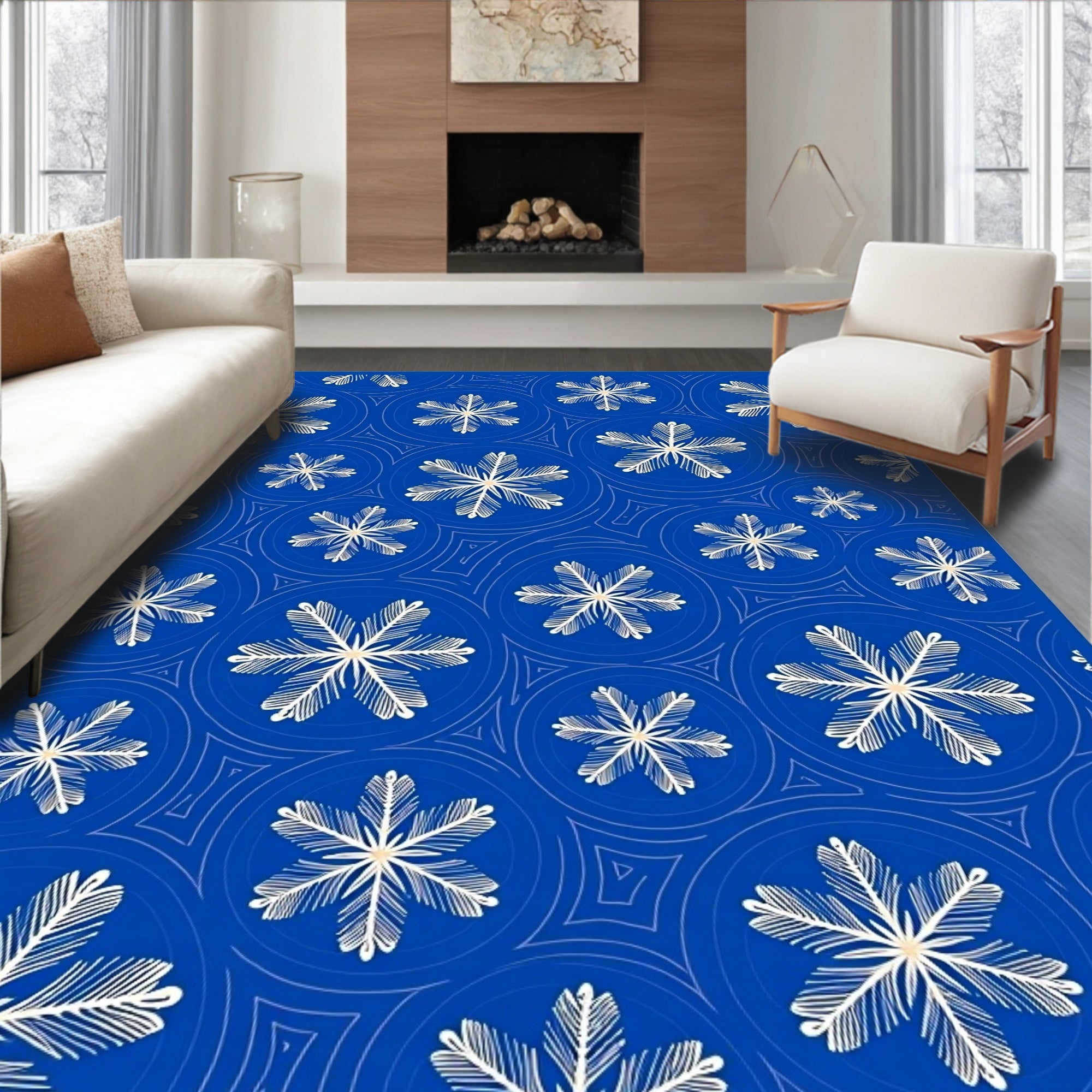 Blue White Snowflake Intricate Circles Rug