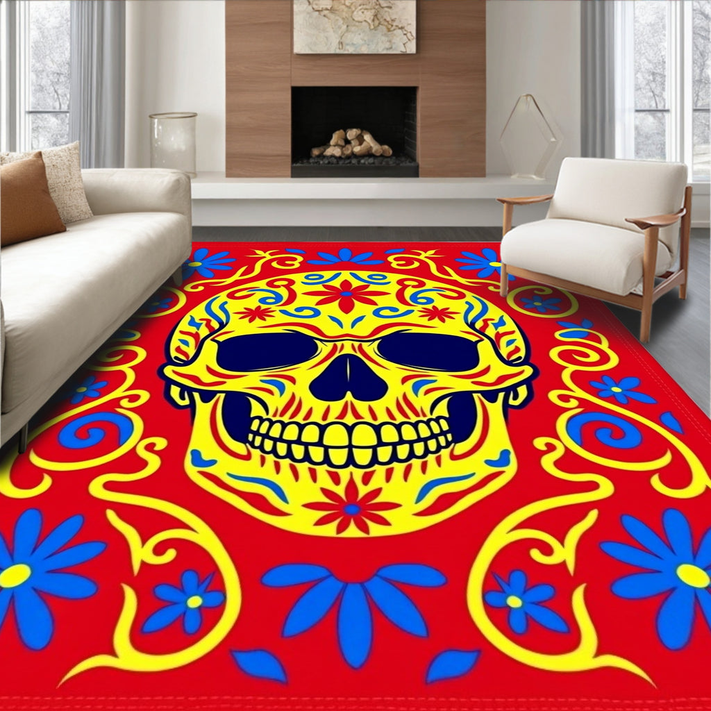 Vibrant Yellow Skull Floral Garland Rug