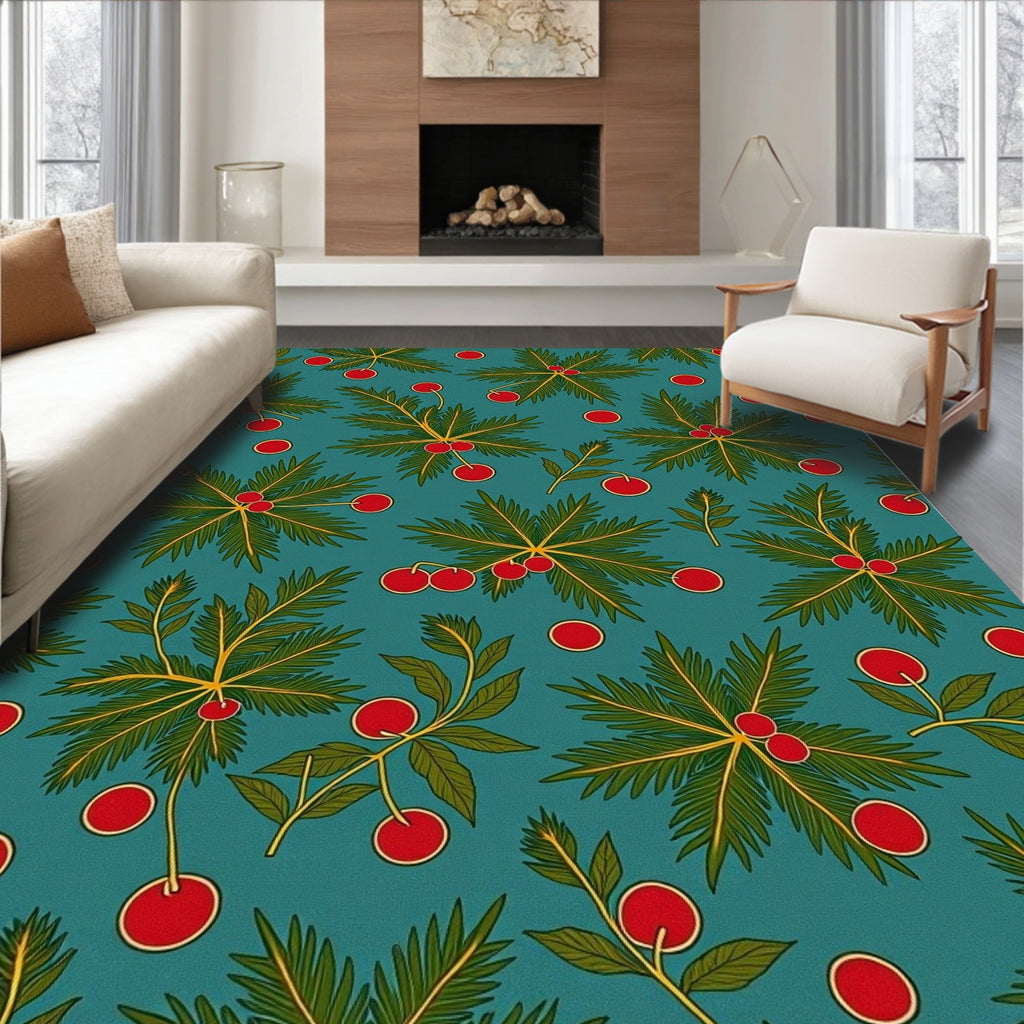 Teal Red Cherry Botanical Foliage Rug