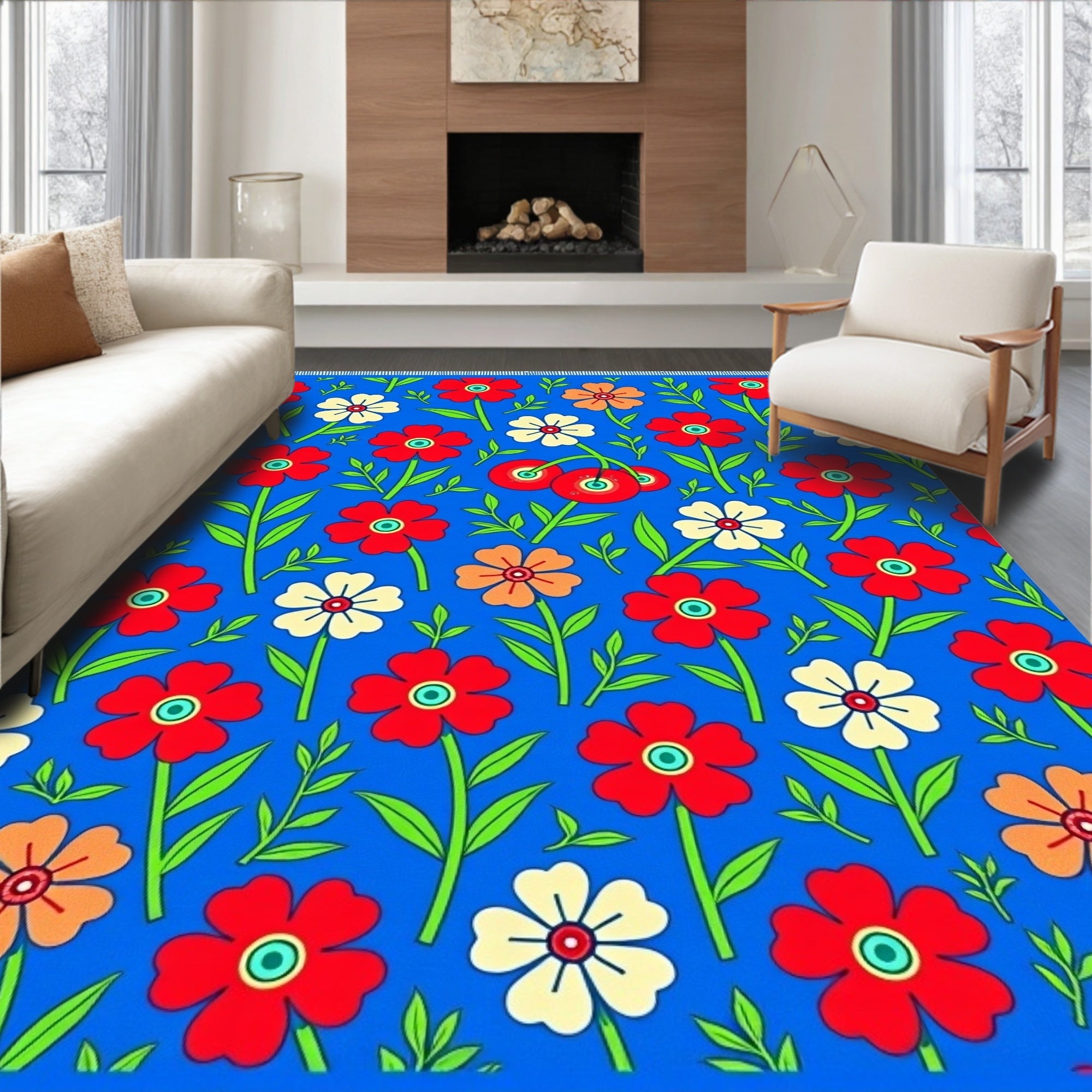 Vibrant Red White Orange Floral Garden Rug