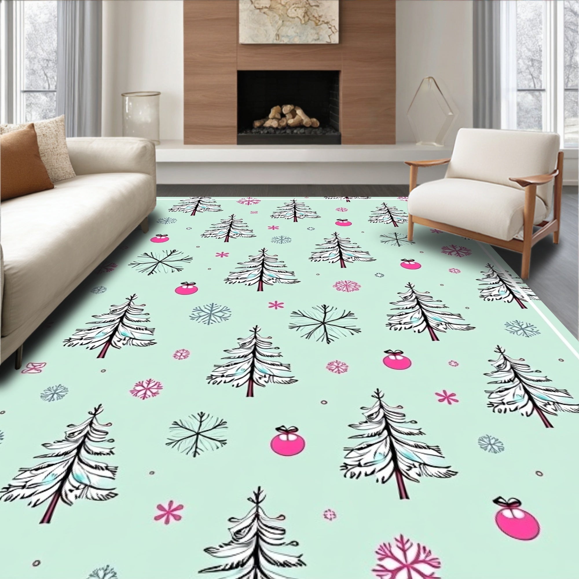 Winter Wonderland Evergreen Ornaments Rug