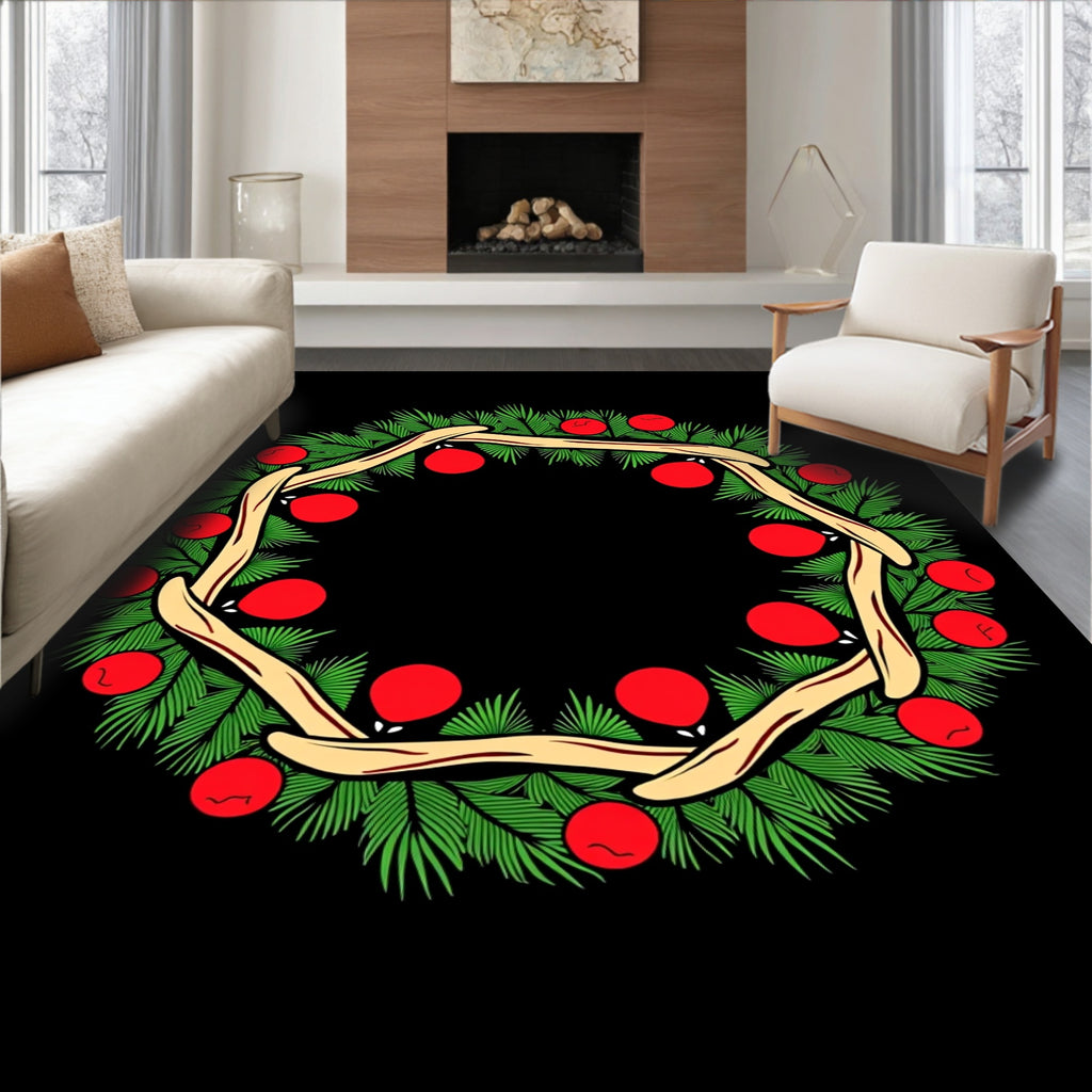 Green Pine Branches With Red Orbs Rug