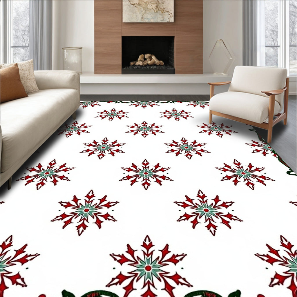 Red Green Snowflake Cluster Border Rug