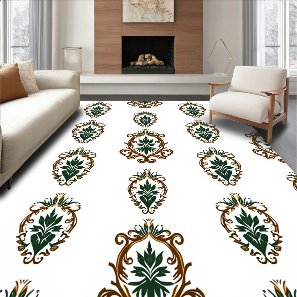 Ornate Green Floral Damask Rug