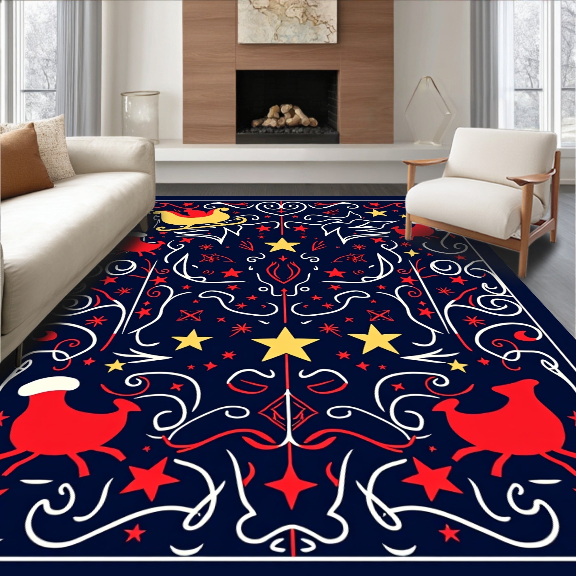 Festive Red Reindeer Sleigh Starburst Rug