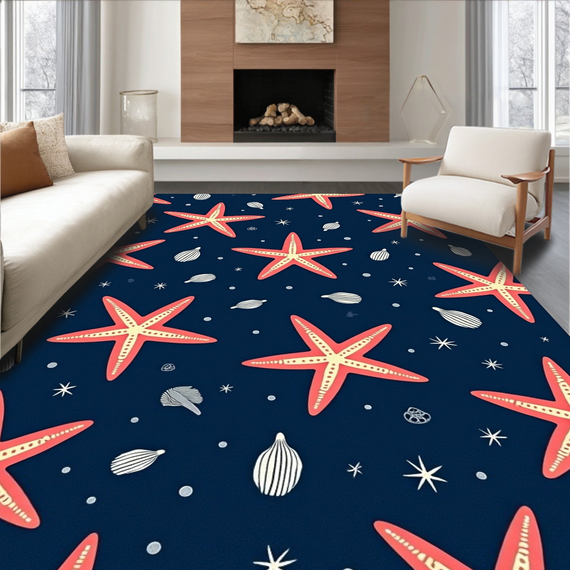 Coral Starfish Navy Scatter Rug
