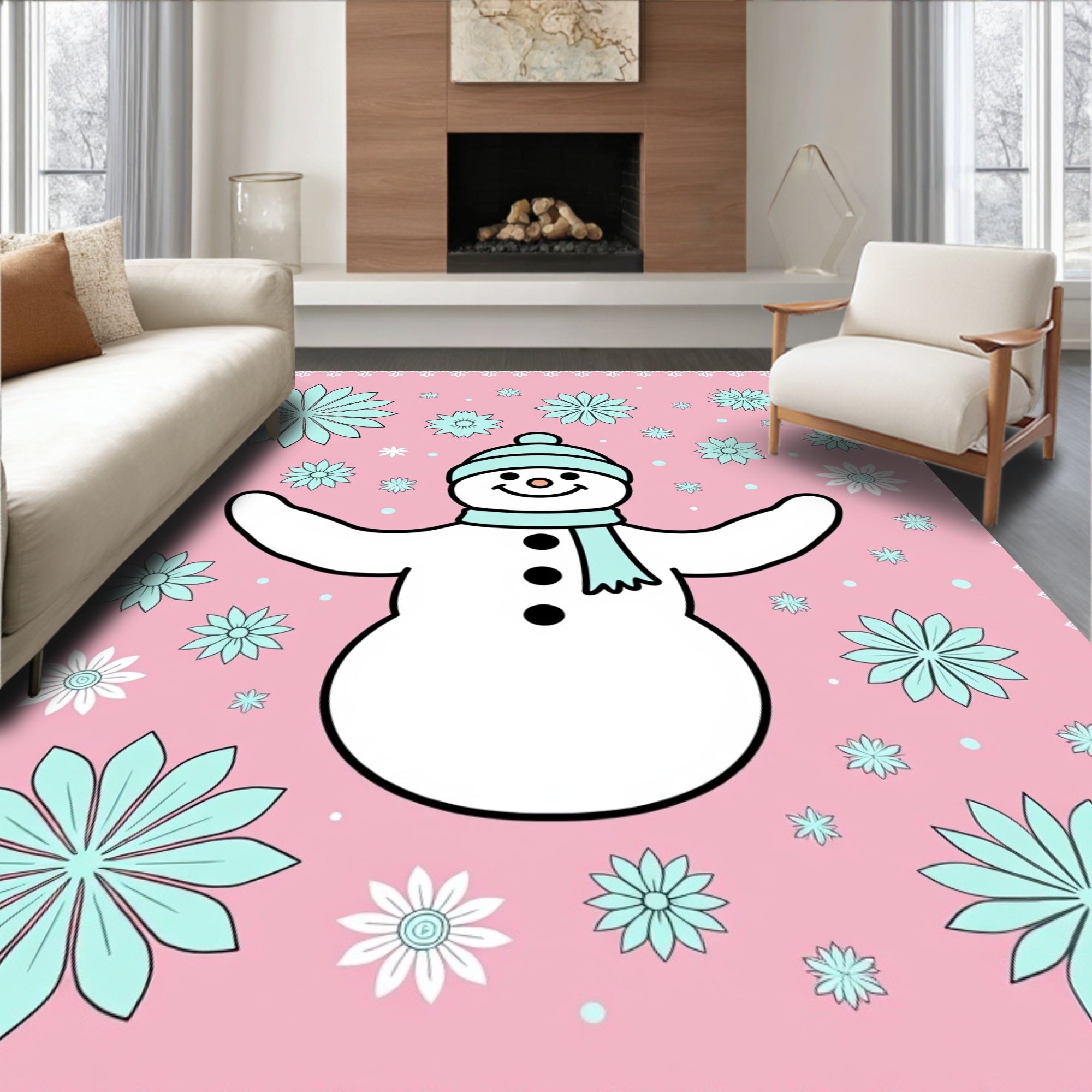 Pink Snowman Floral Whimsical Snow Rug
