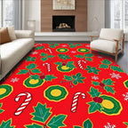 Festive Red Holly Candy Cane Snowflakes Rug