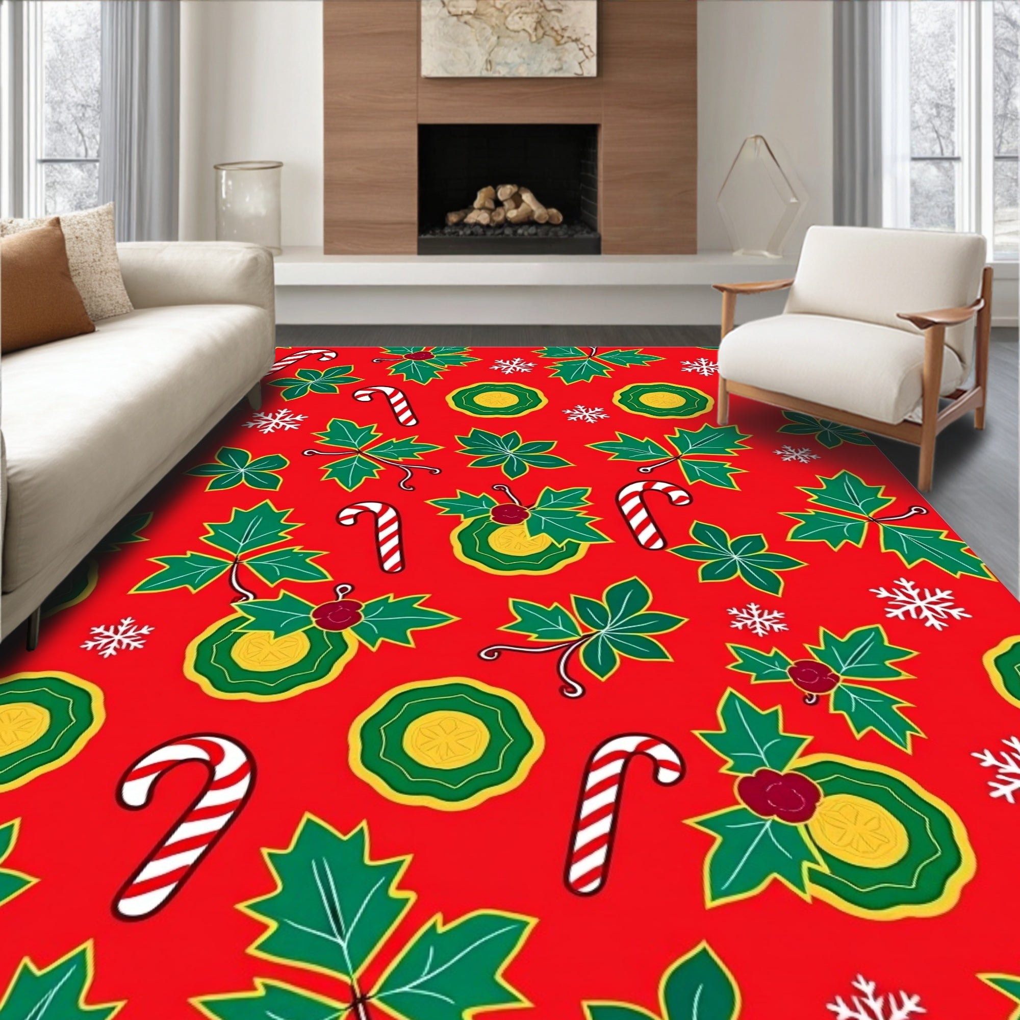 Festive Red Holly Candy Cane Snowflakes Rug