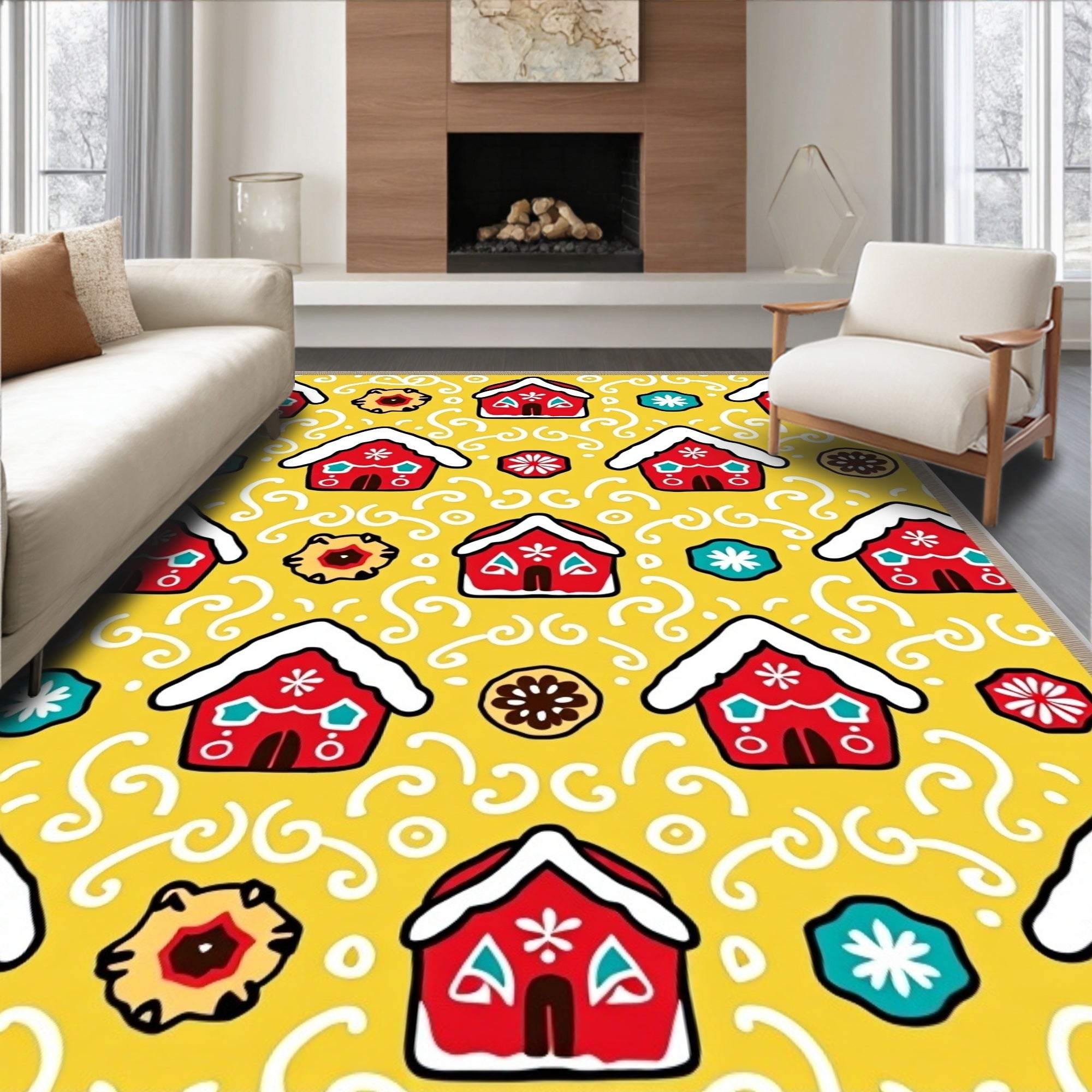 Whimsical Red Gingerbread Houses Yellow Rug