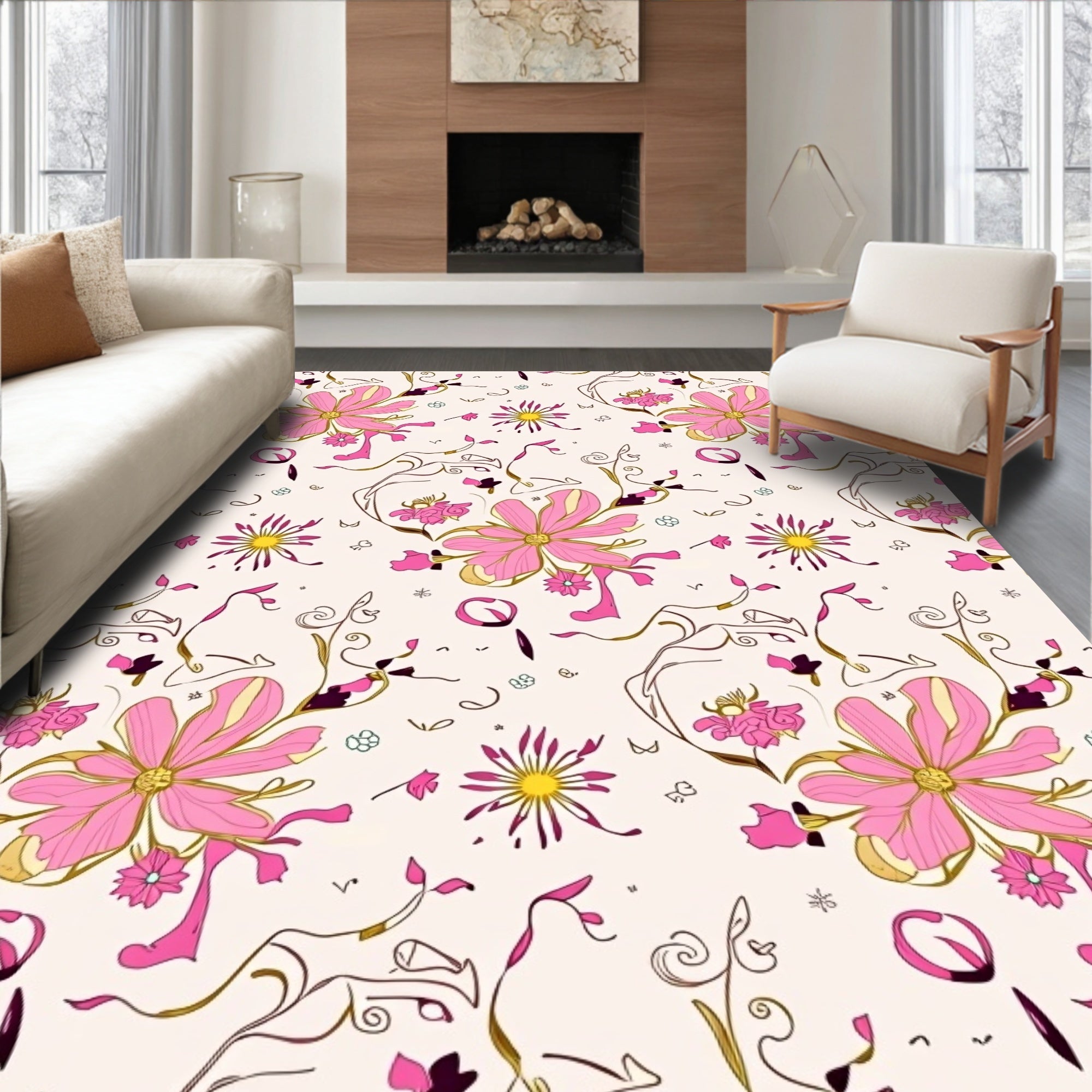 Pink Floral Whimsical Vine Fabric Rug