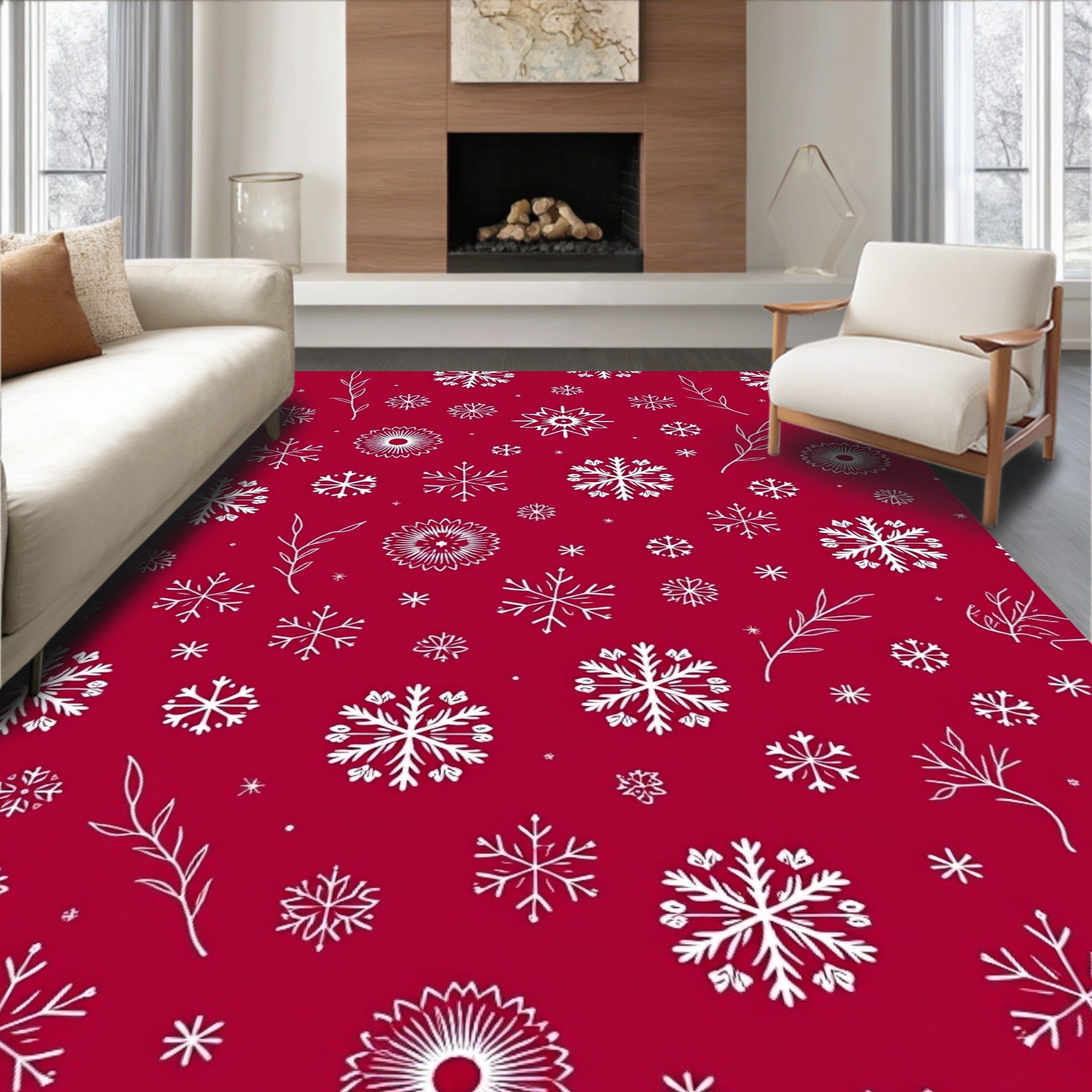 Crimson Snowflakes with Delicate Branches Rug