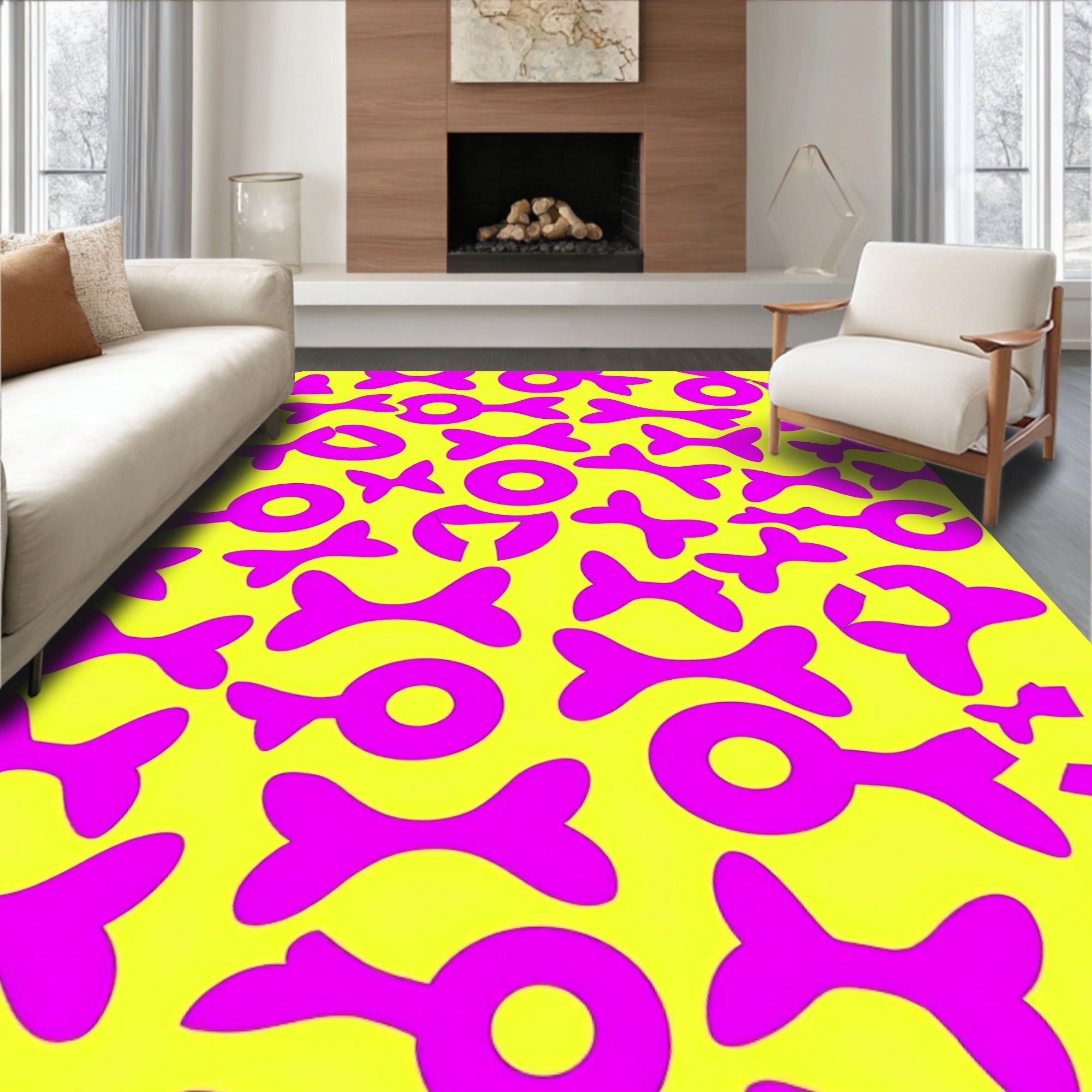 Bright Yellow Magenta Abstract Shapes Rug
