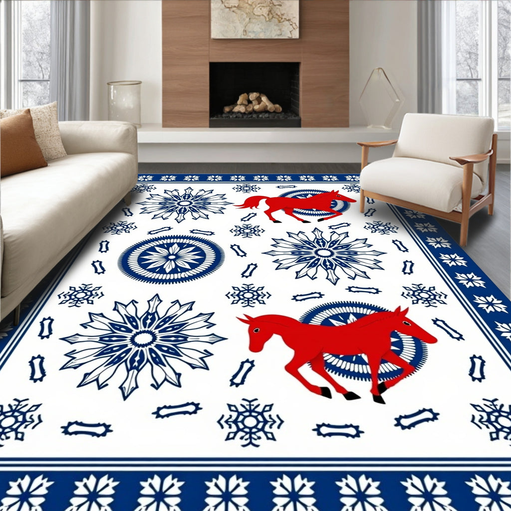 Red Horses And Blue Snowflakes Rug