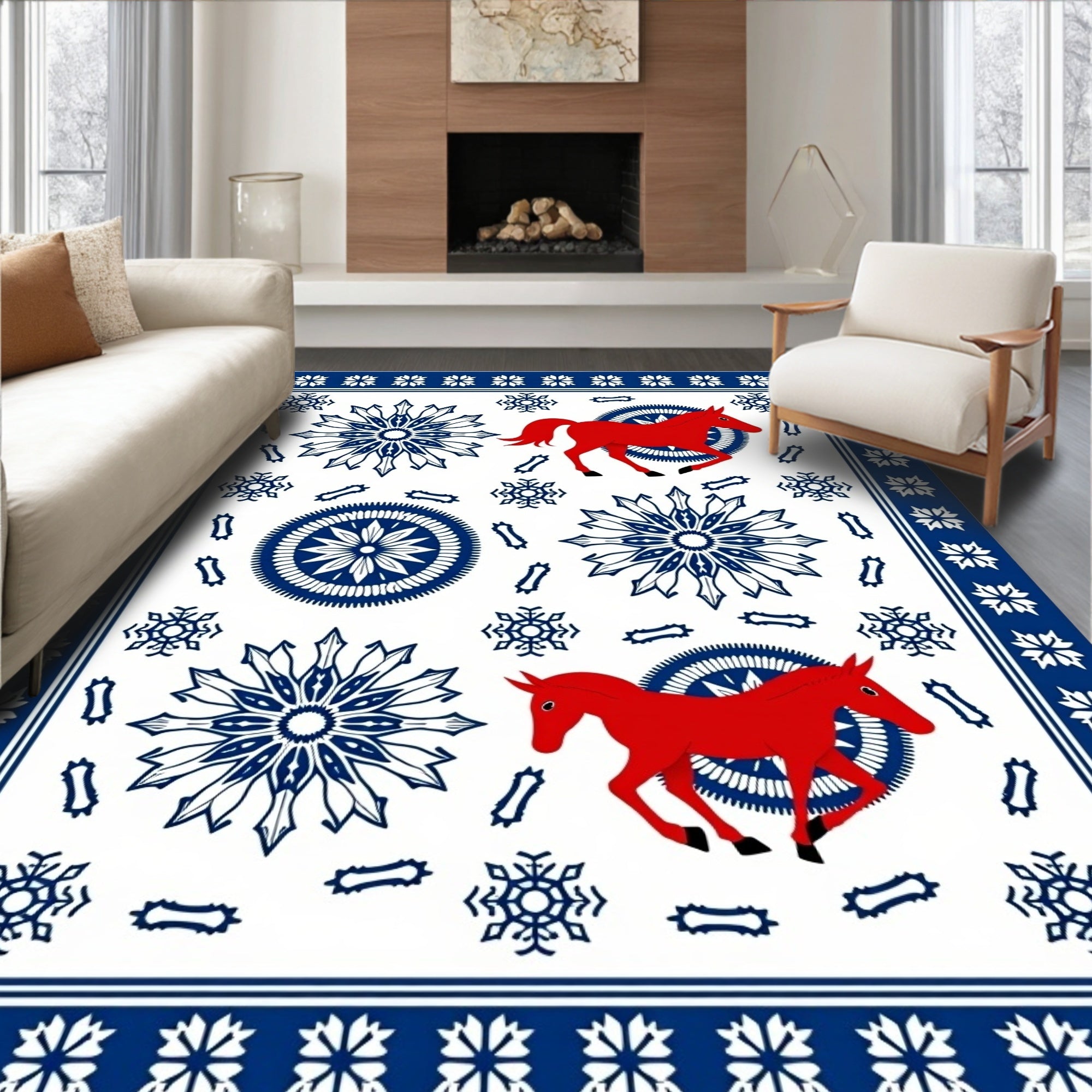 Red Horses And Blue Snowflakes Rug