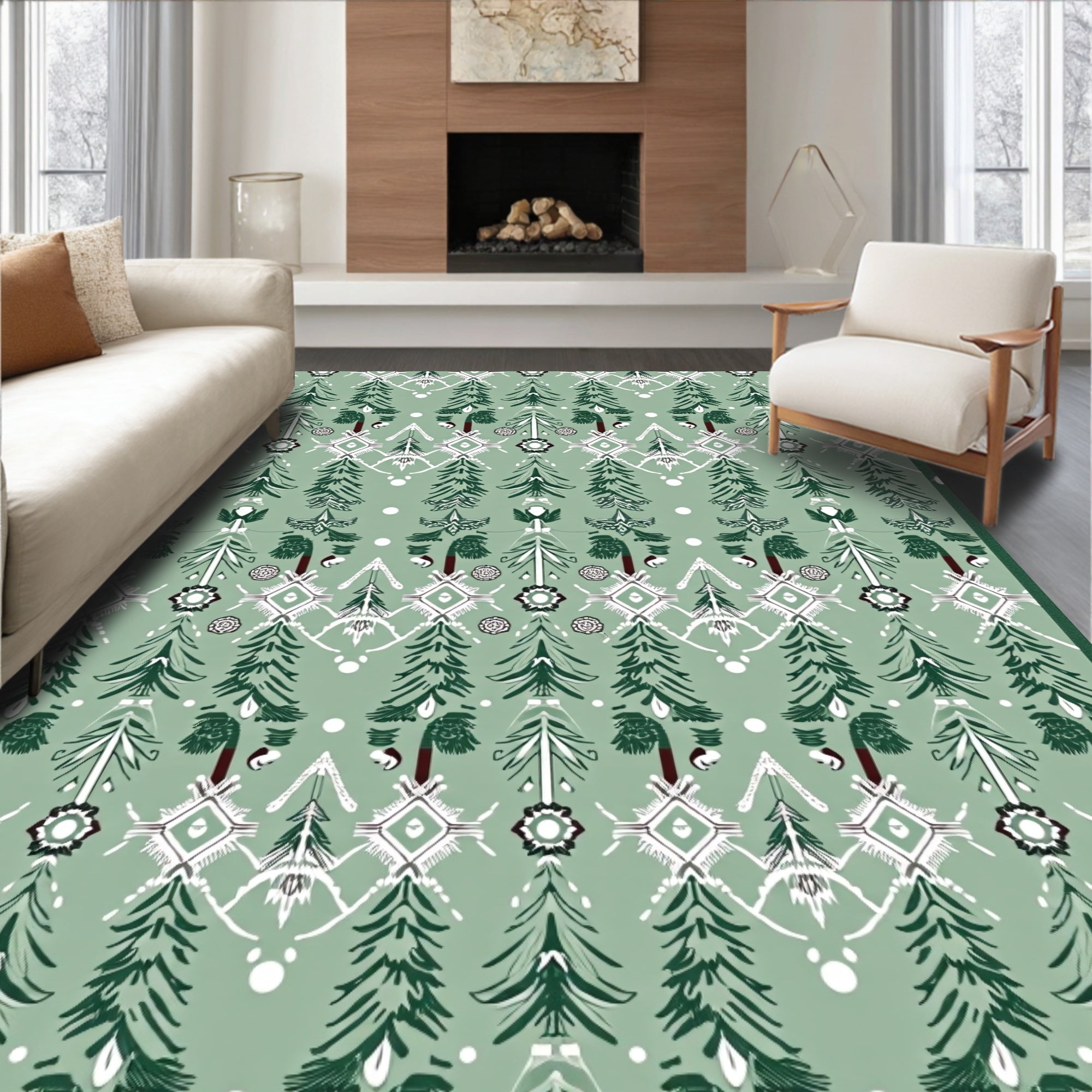 Earthy Green Forest Trees Medallion Rug