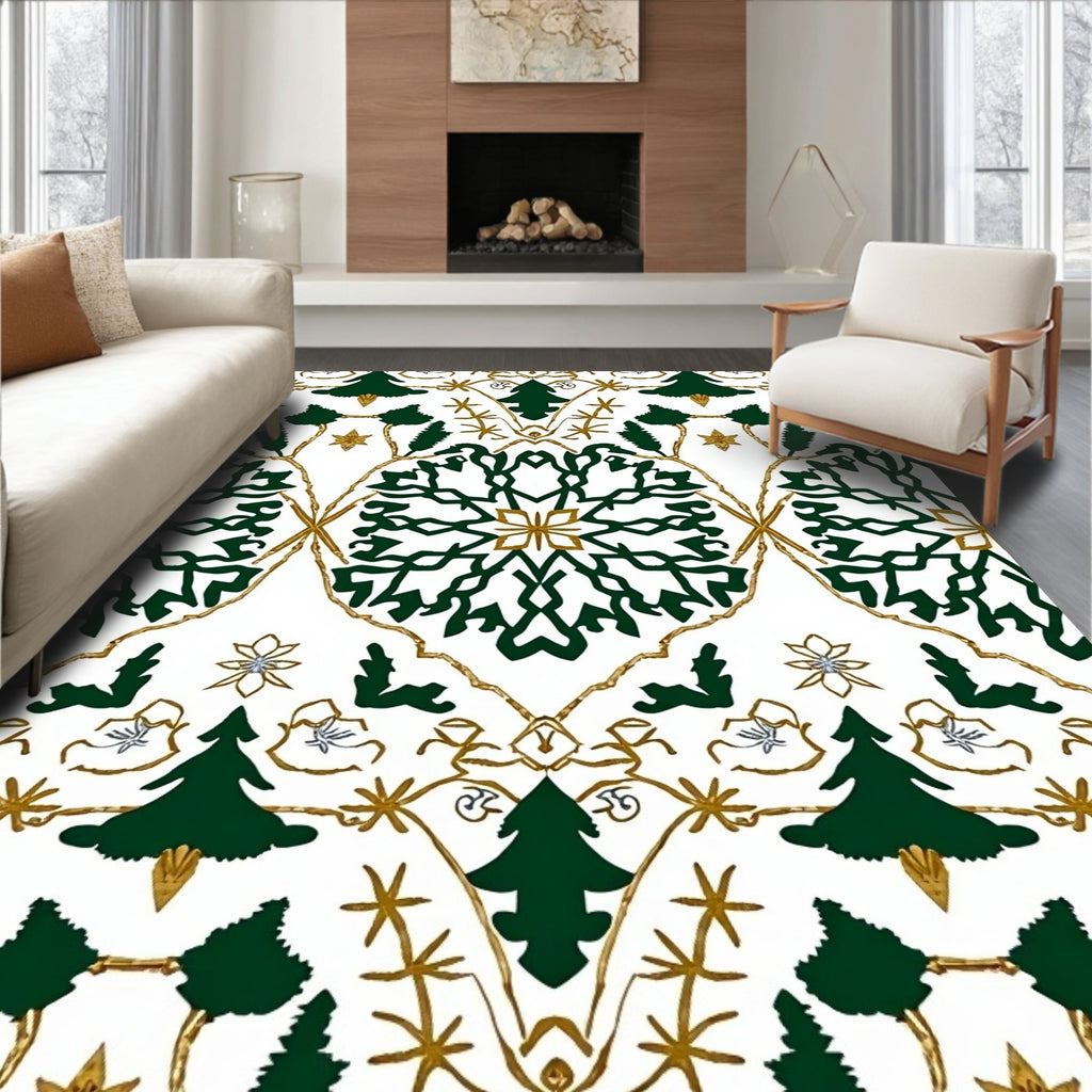 Green Gold Festive Christmas Tree Medallion Rug