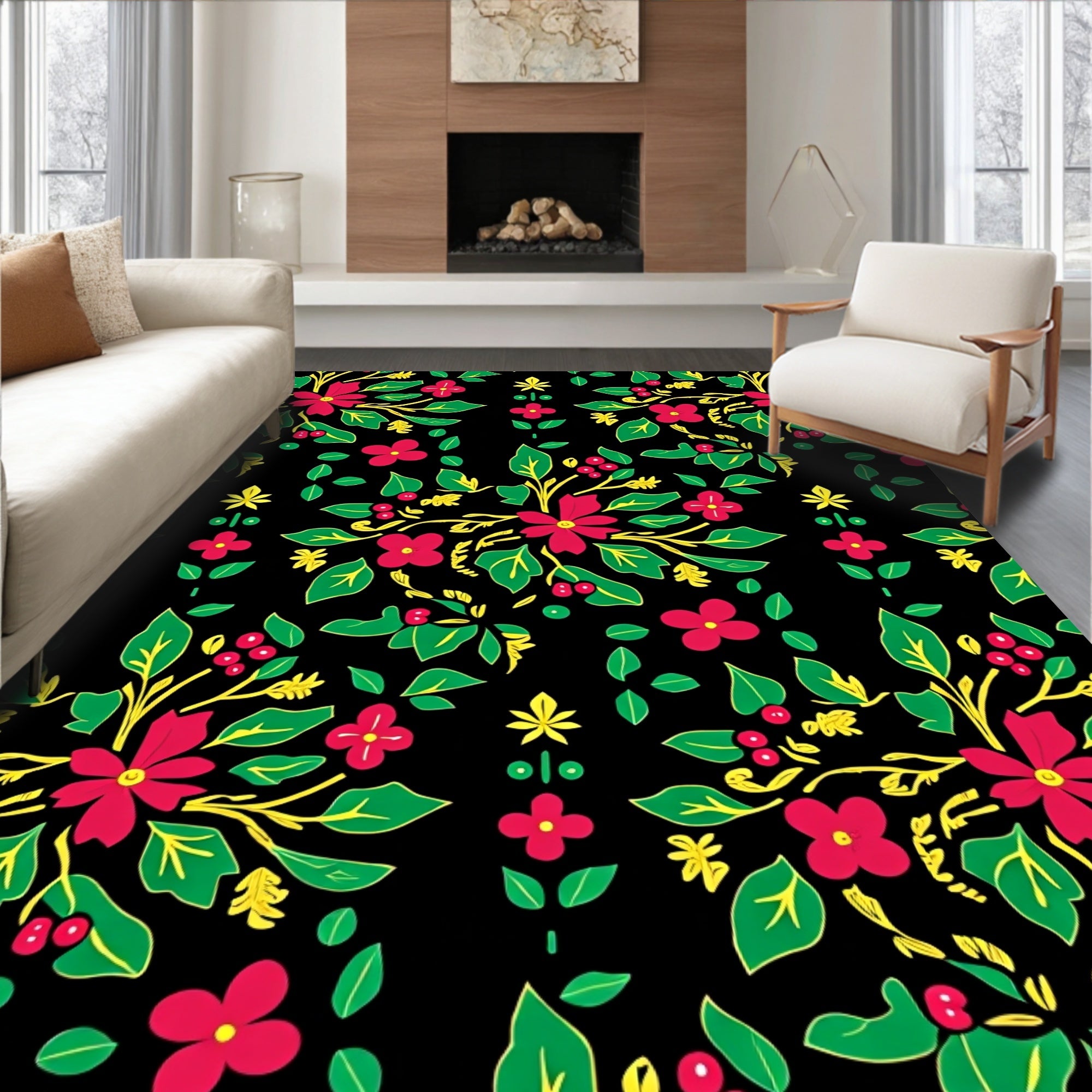 Bold Scarlet Floral Garden Black Rug