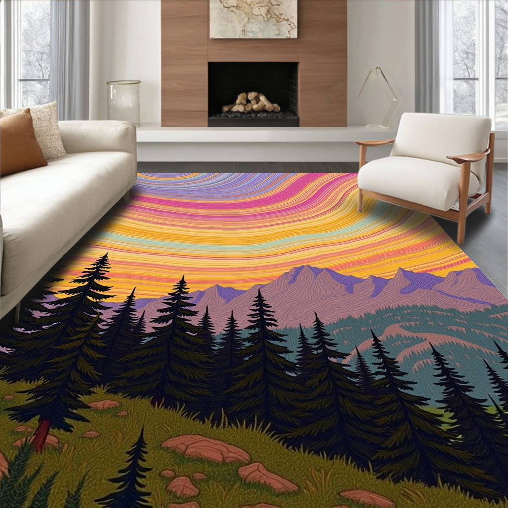 Vibrant Sunset Swirl Mountain Forest Rug