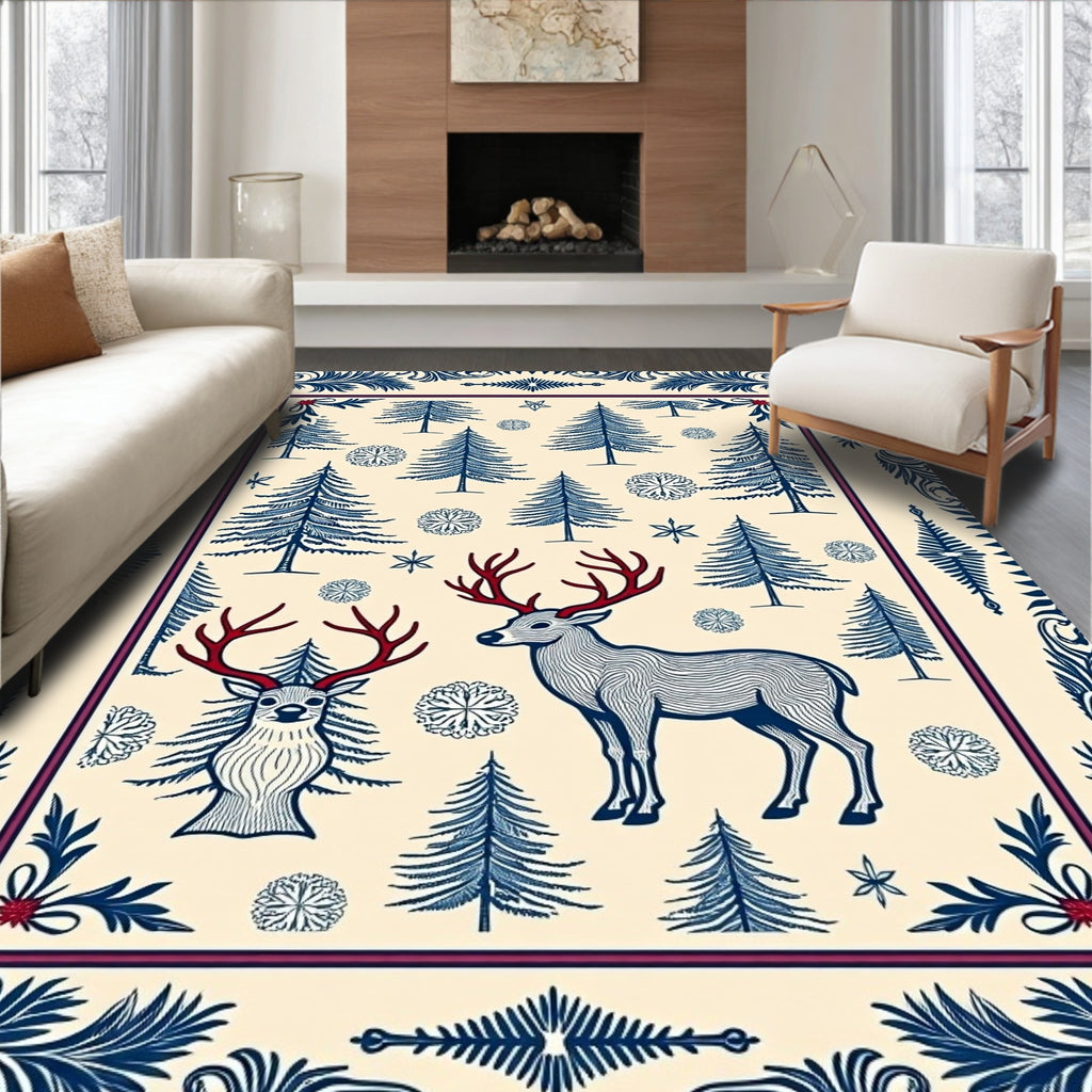 Crimson Antlered Deer Forest Snowflakes Rug