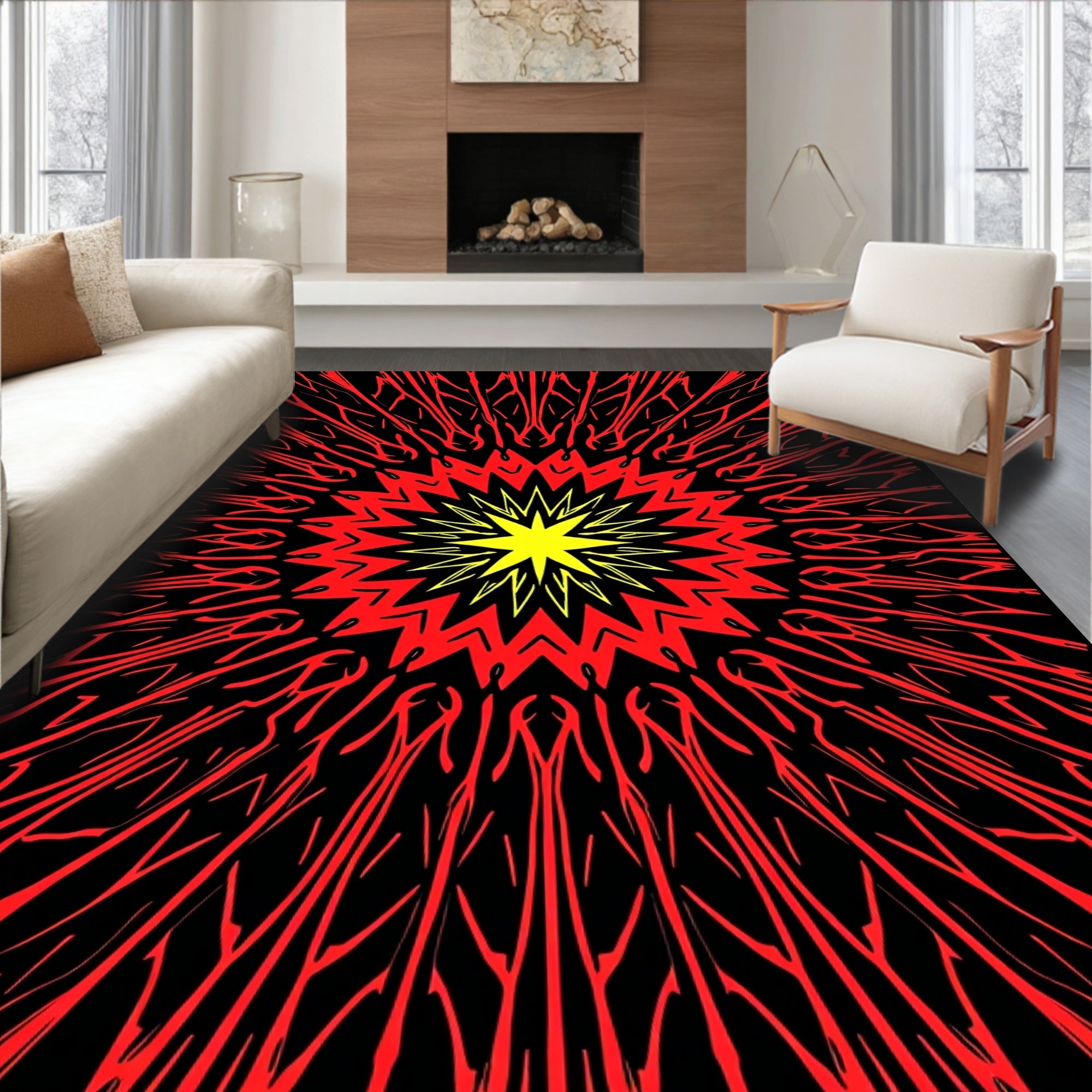Radiant Red Abstract Sunburst Rug