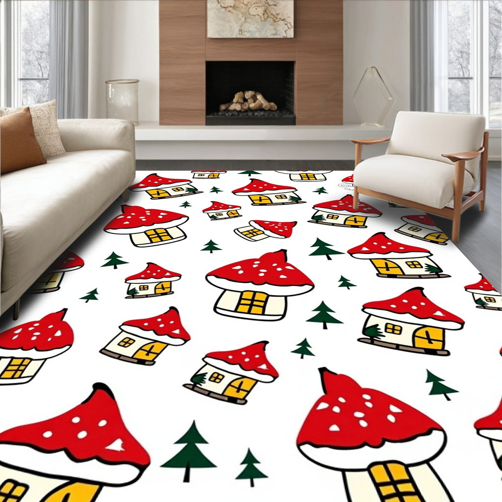Whimsical Red Mushroom Houses Forest Scene Rug