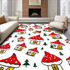 Whimsical Red Mushroom Houses Forest Scene Rug