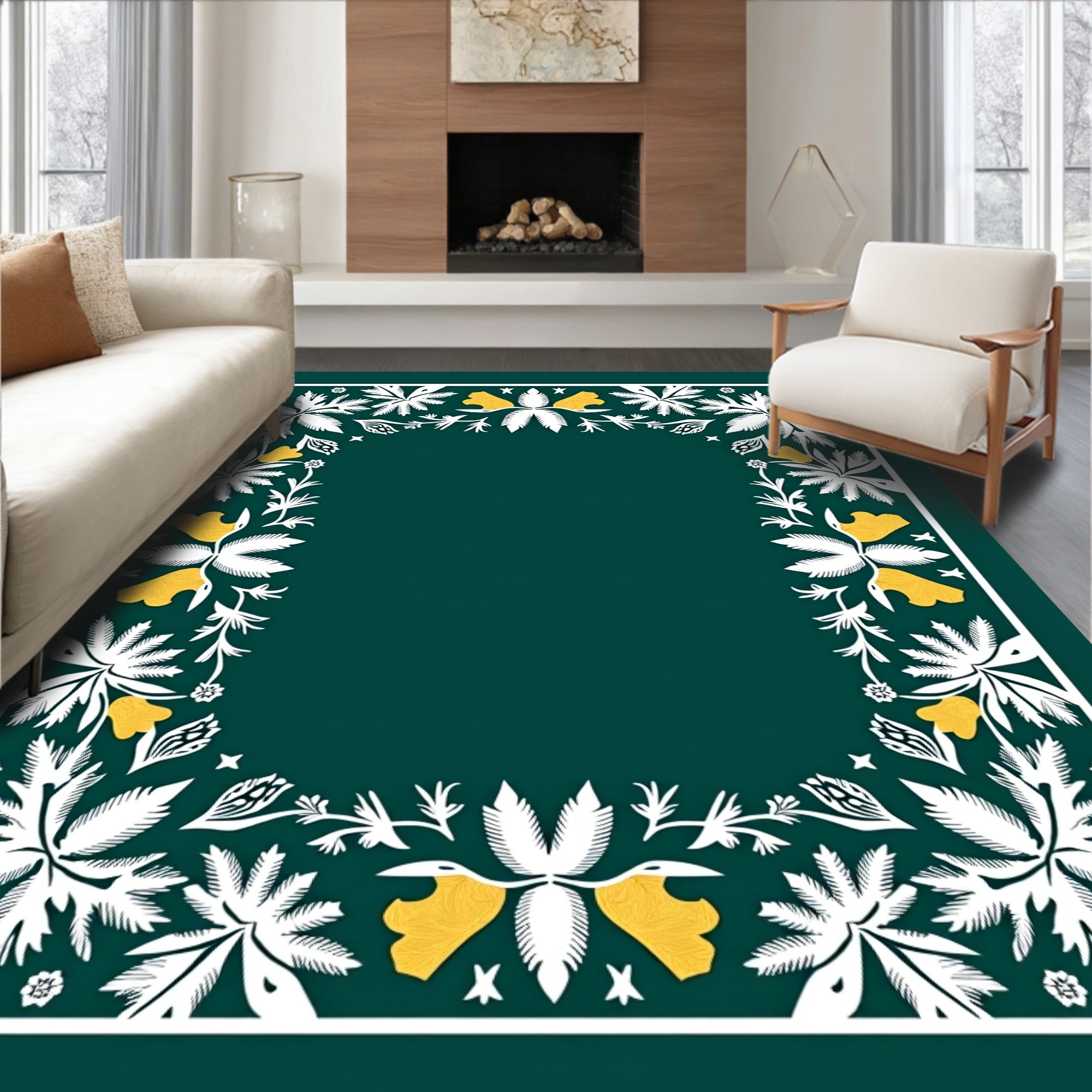 Forest Green Whimsical Floral Frame Rug