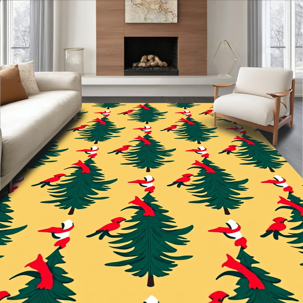 Winter Green Trees Red Birds Yellow Background Rug