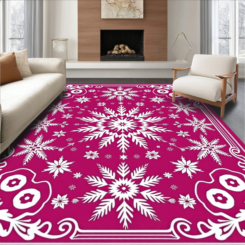 Crimson White Snowflake Mandala Ornament Rug