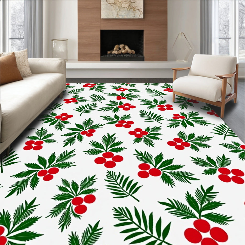 Festive Red Berry Green Leaf Scatter Rug