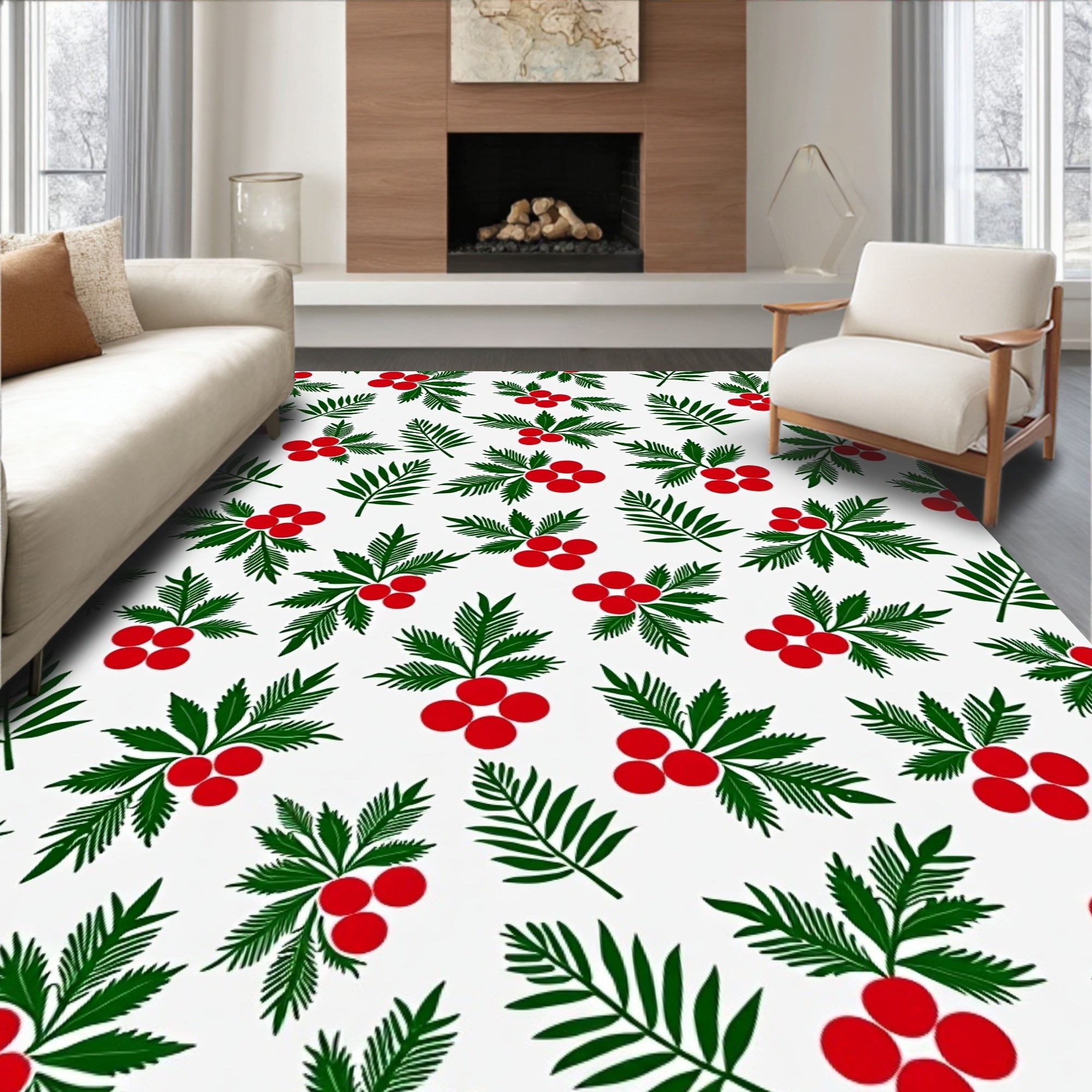 Festive Red Berry Green Leaf Scatter Rug