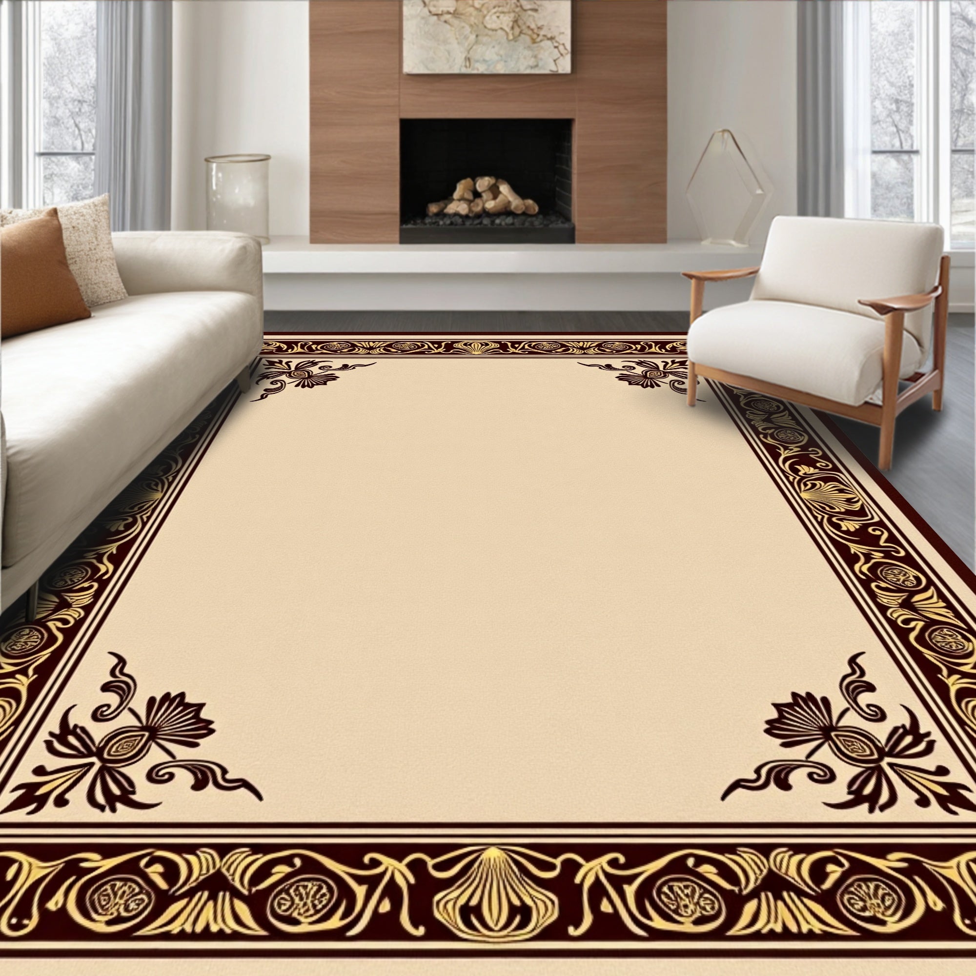 Ornate Burgundy Gold Floral Border Rug