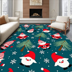 Festive Red Santas Pine Trees Snowflakes Teal Rug