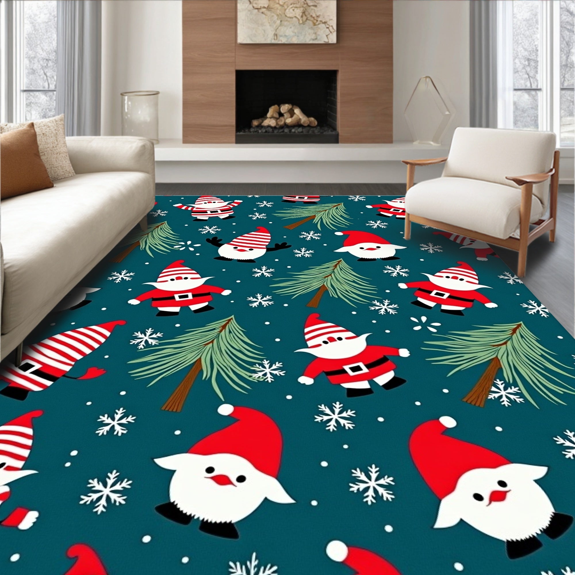 Festive Red Santas Pine Trees Snowflakes Teal Rug