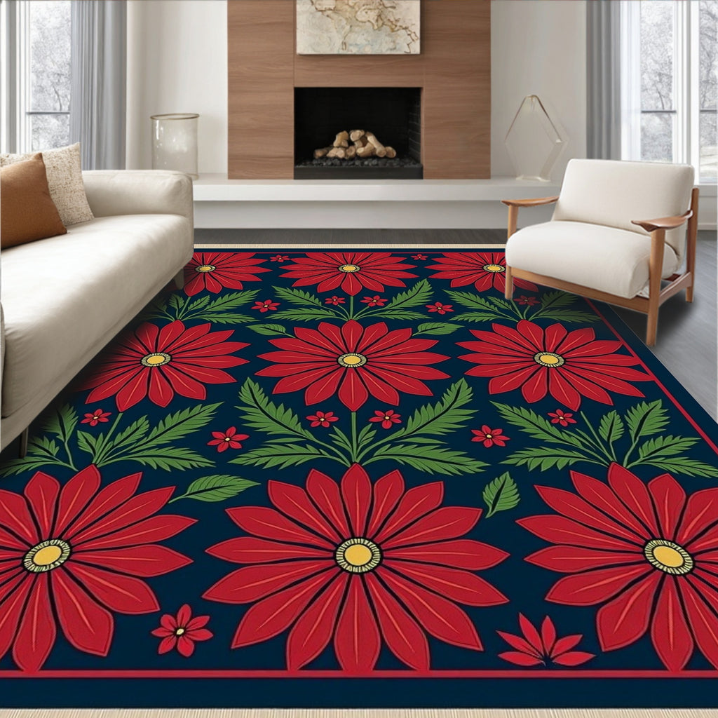 Vibrant Red Floral Garden Night Rug