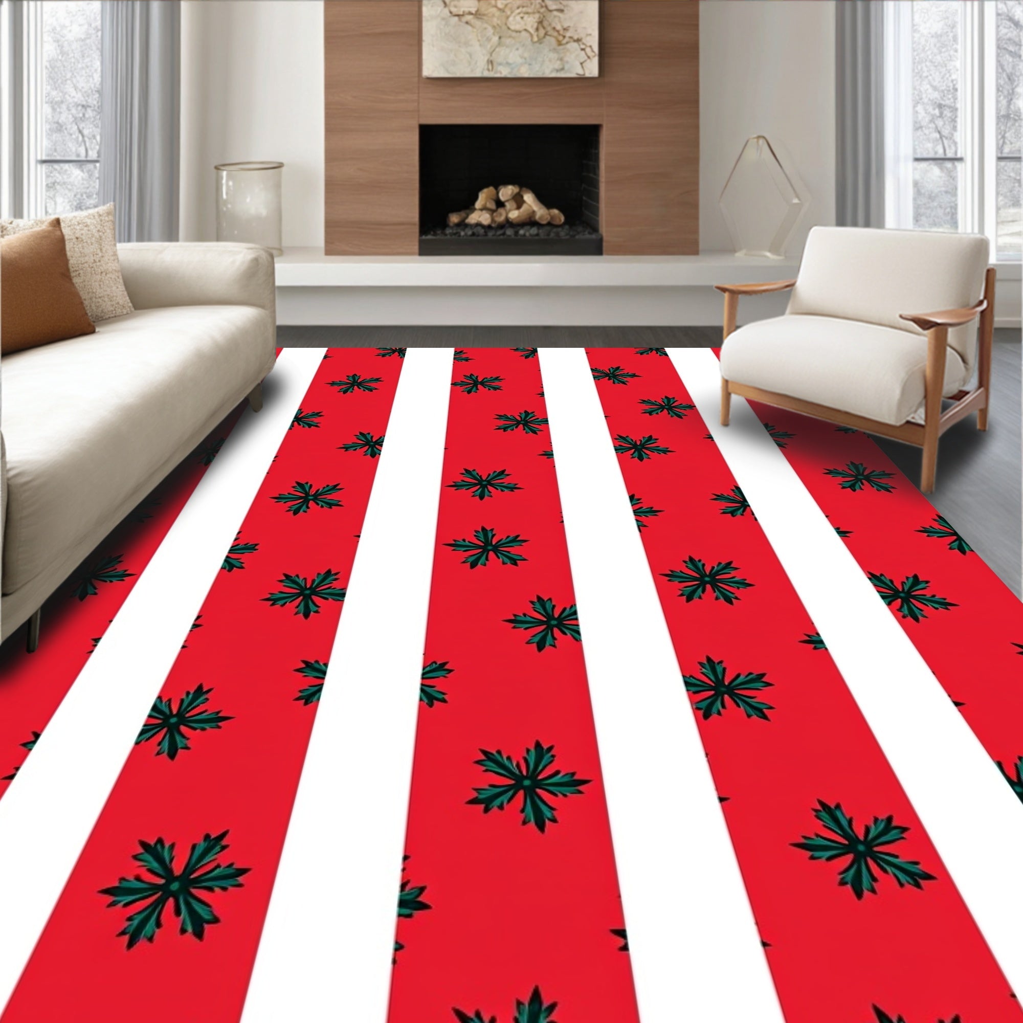 Red White Green Floral Stripe Rug