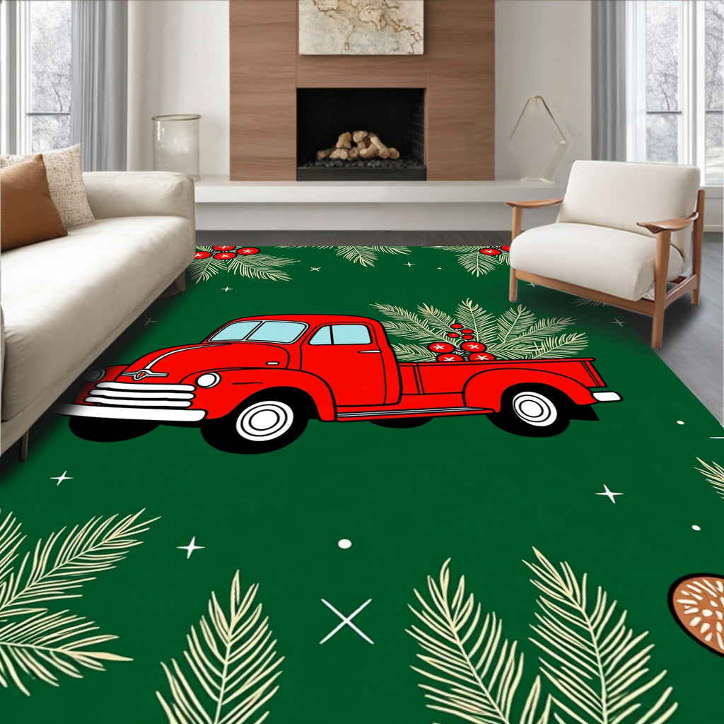 Vintage Red Truck Evergreen Scene Rug