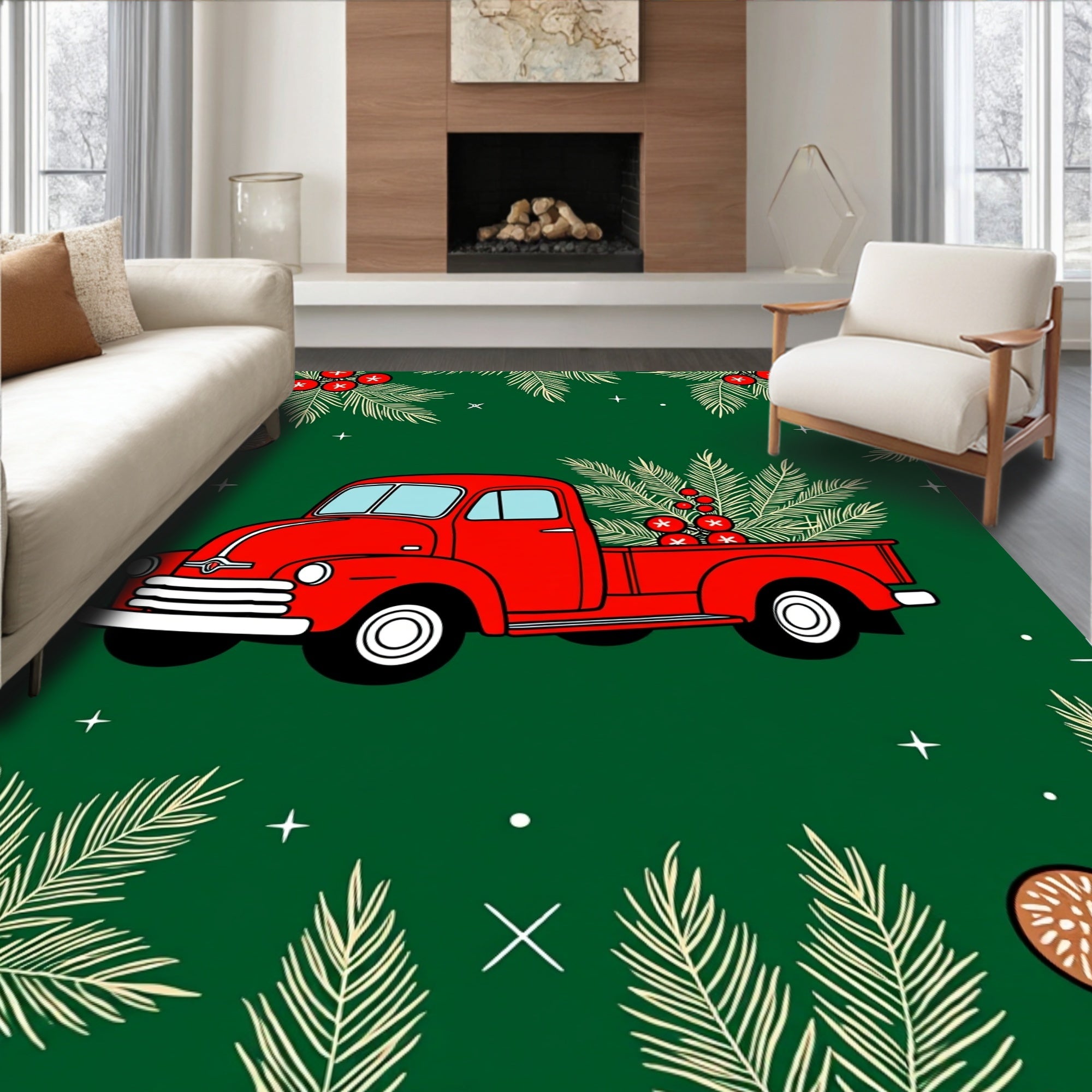 Vintage Red Truck Evergreen Scene Rug
